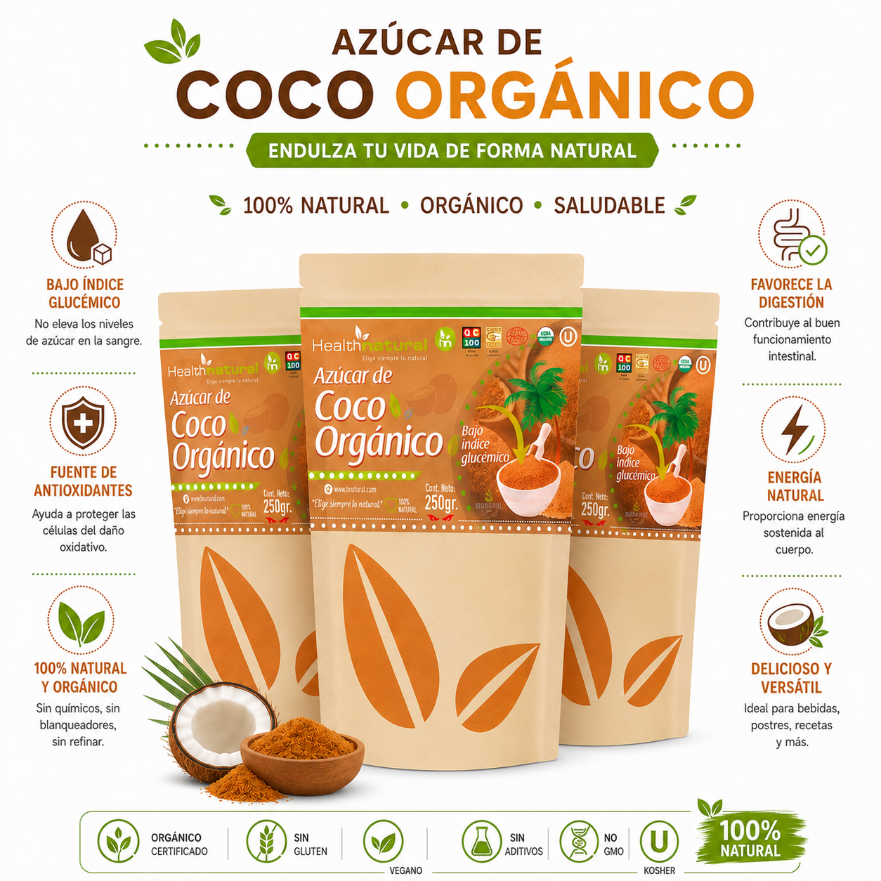 PACK 3 AZÚCAR DE COCO ORGÁNICO 250G HEALTHNATURAL - 1