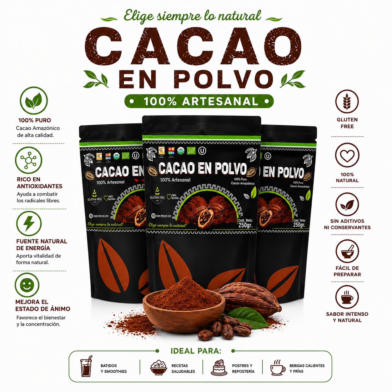 PACK 3 CACAO EN POLVO 250G HEALTHNATURAL - 1