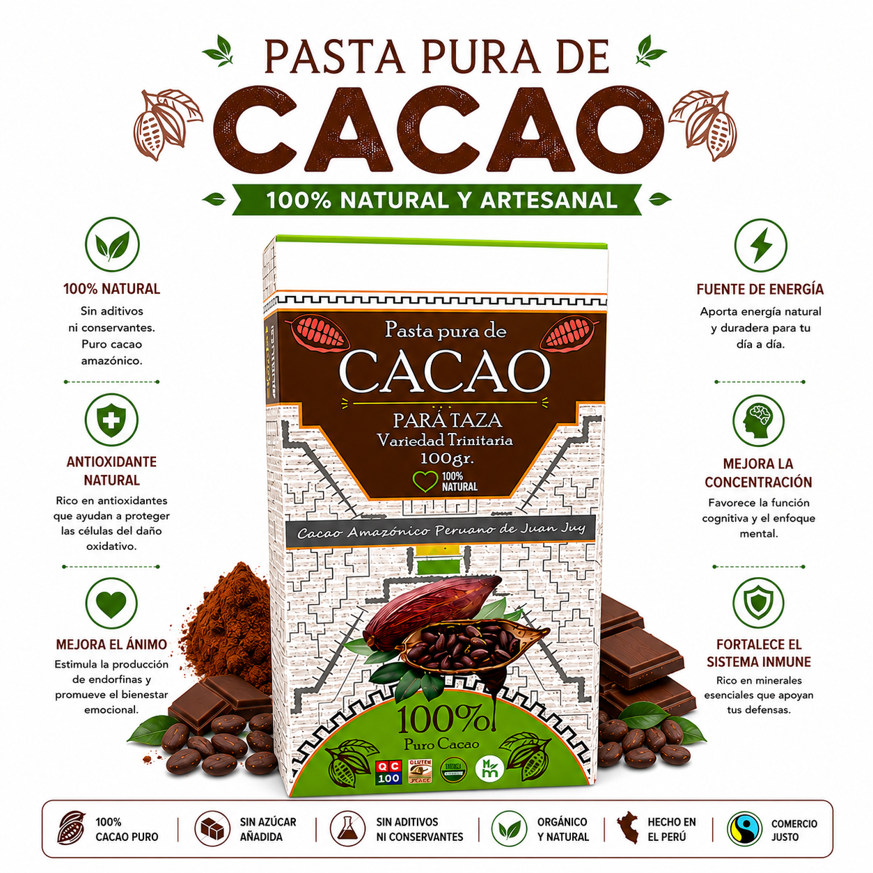 PASTA PURA DE CACAO EN BARRA 100G HEALTHNATURAL - 1