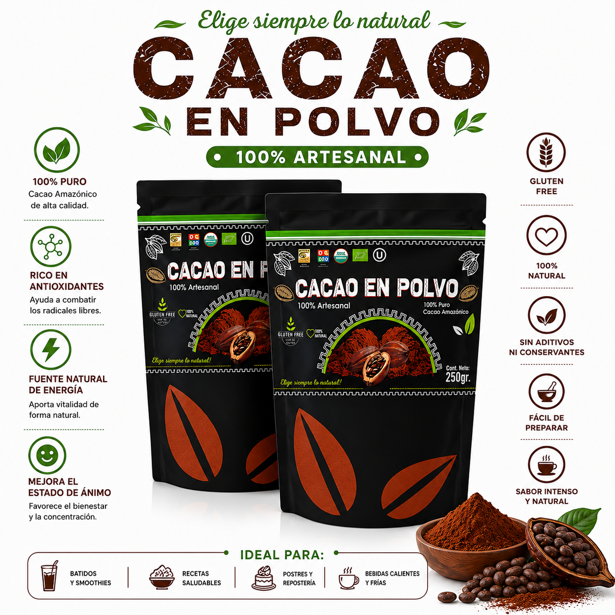 PACK 2 CACAO EN POLVO 250G HEALTHNATURAL - 1