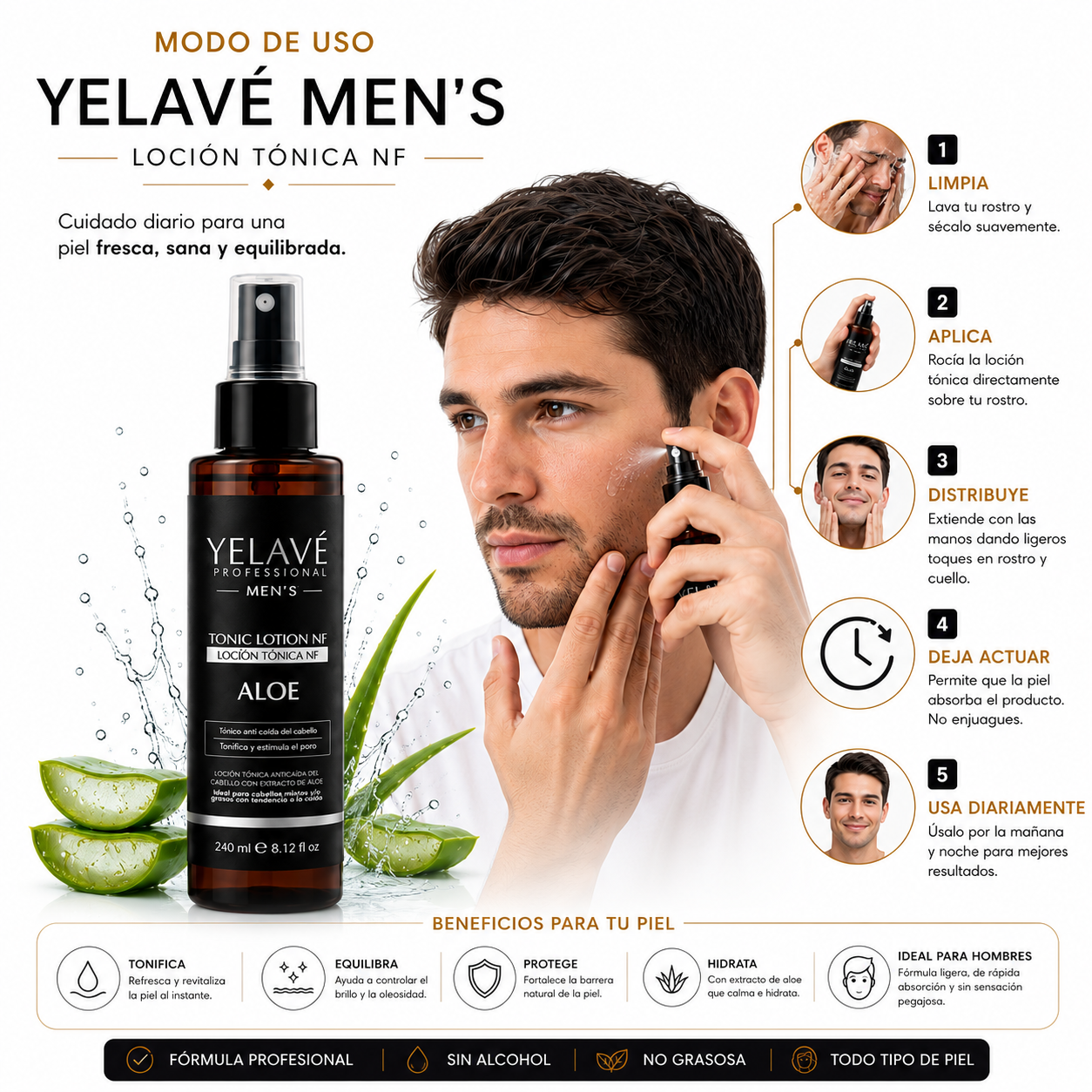 LOCIÓN TÓNICA NF ALOE MEN`S 240ML YELAVÉ - 3