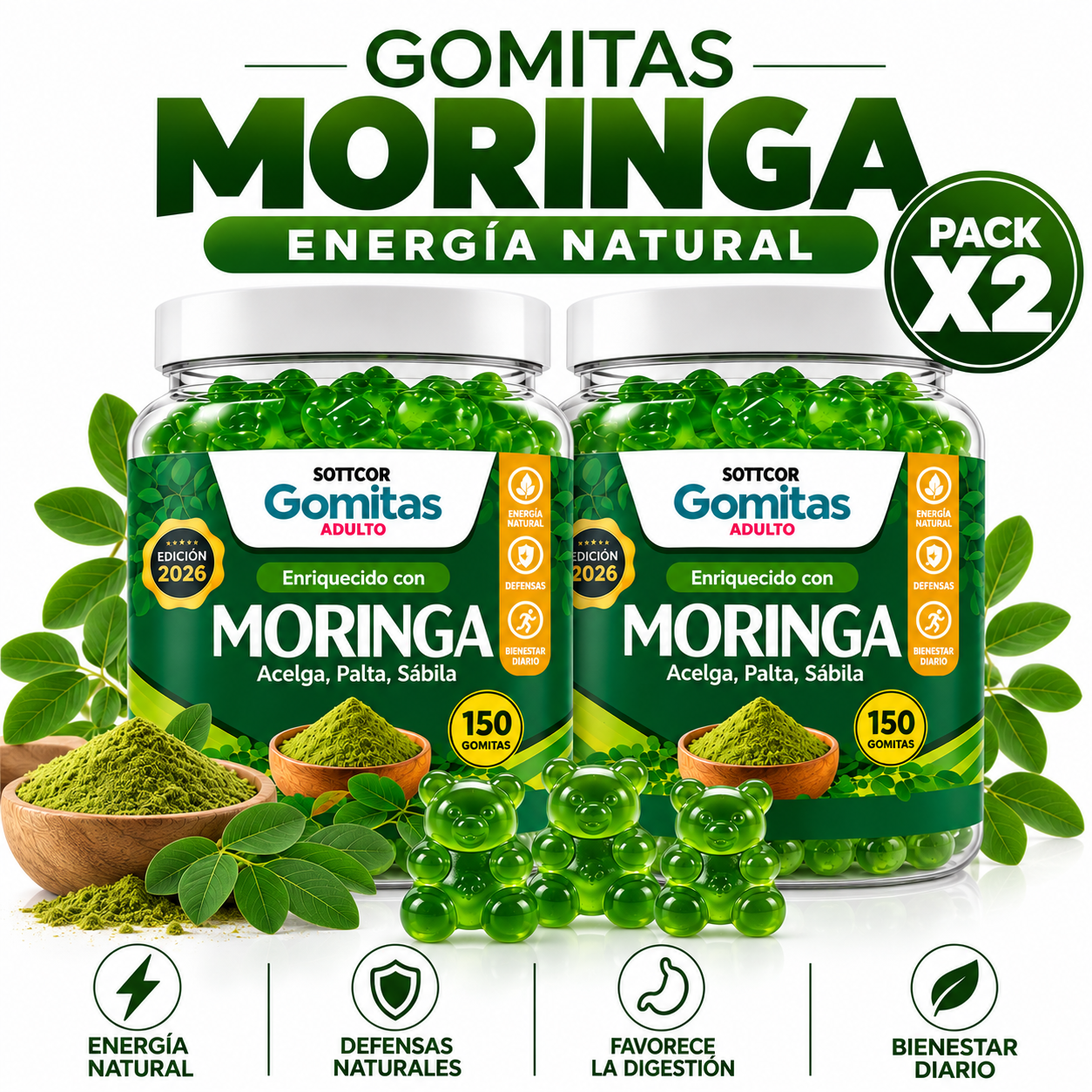 PACK 2 GOMITAS DE MORINGA PARA ADULTOS 300 GOMITAS SOTTCOR LABS - 1