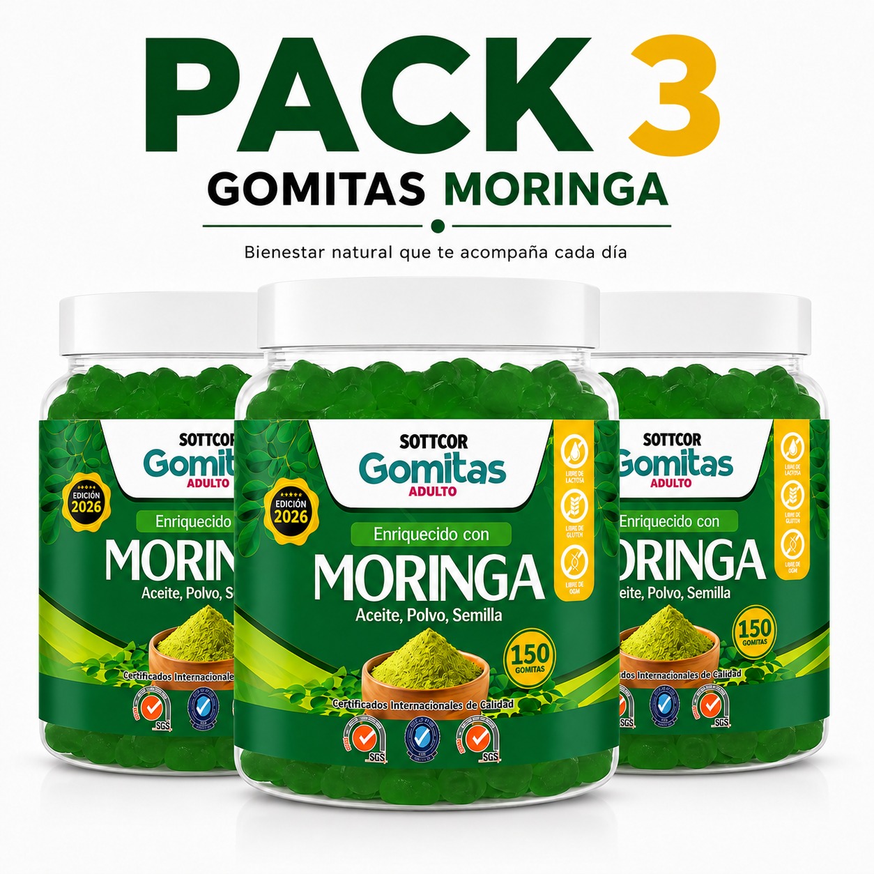 PACK 3 GOMITAS DE MORINGA PARA ADULTOS 450 GOMITAS SOTTCOR LABS - 1