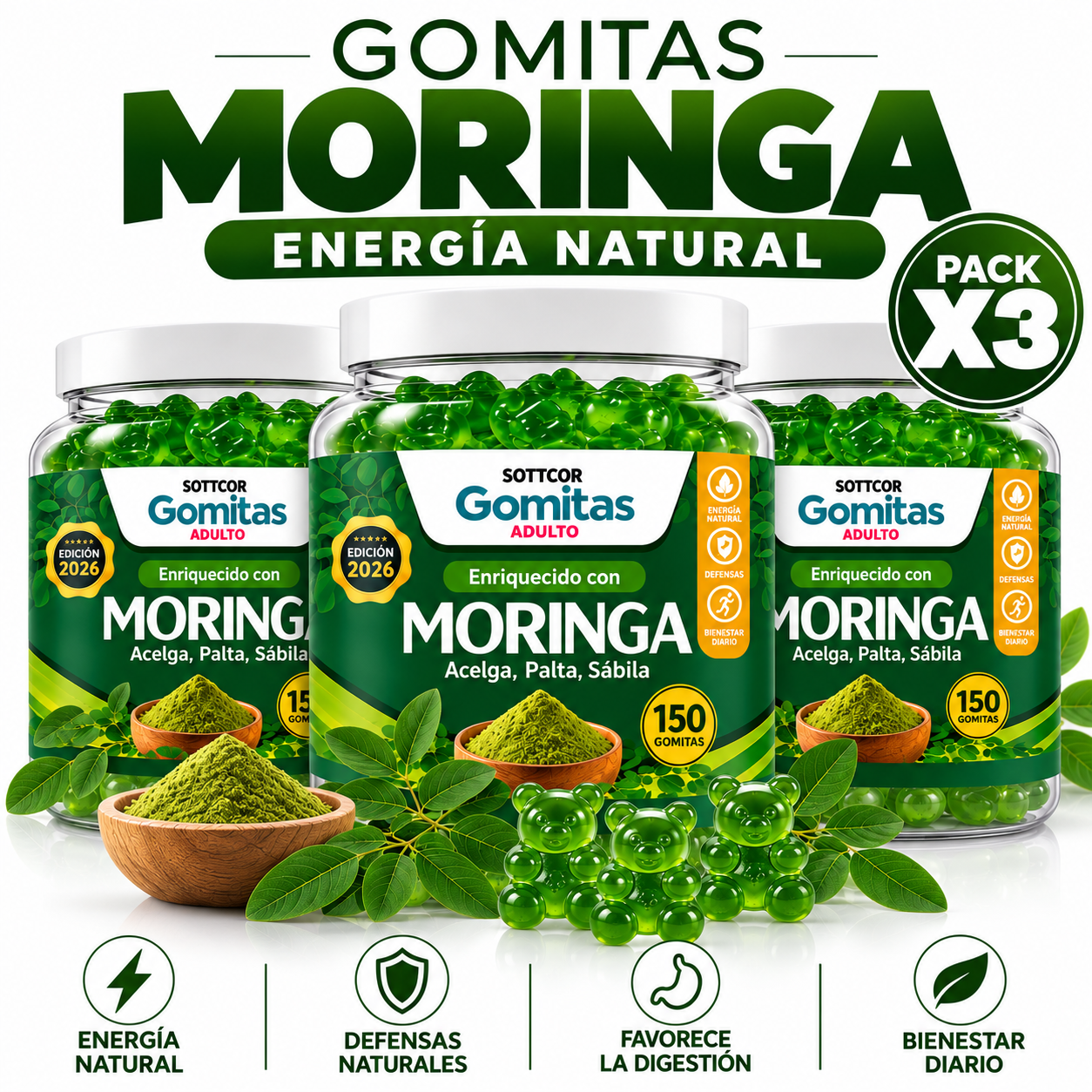 PACK 3 GOMITAS DE MORINGA PARA ADULTOS 450 GOMITAS SOTTCOR LABS - 1
