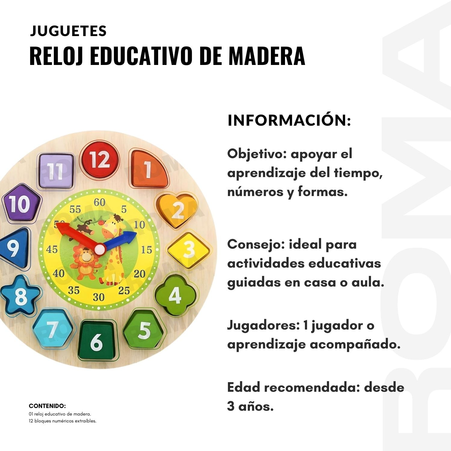 RELOJ EDUCATIVO DE MADERA - JUEGO DIDÁCTICO - 2