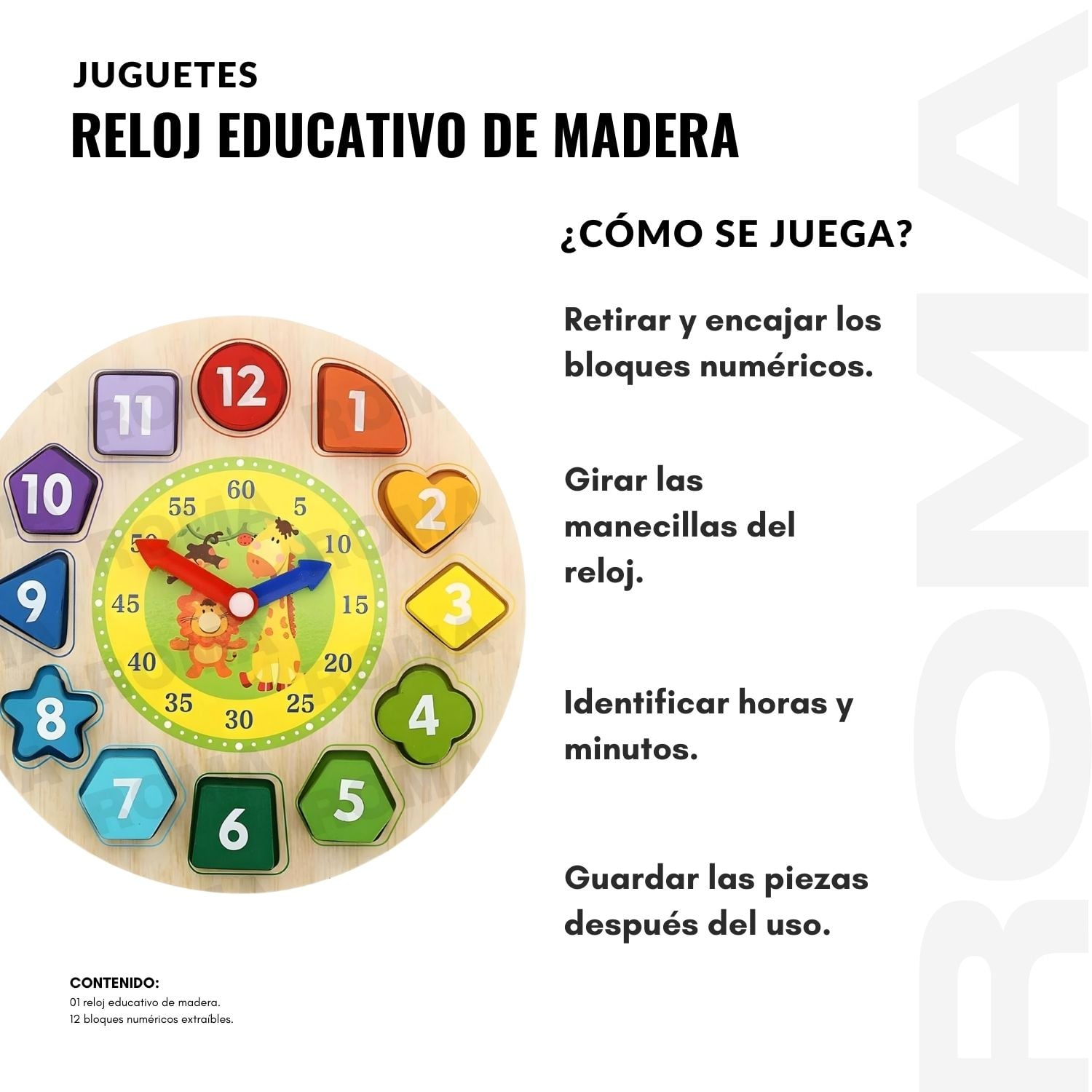 RELOJ EDUCATIVO DE MADERA - JUEGO DIDÁCTICO - 3