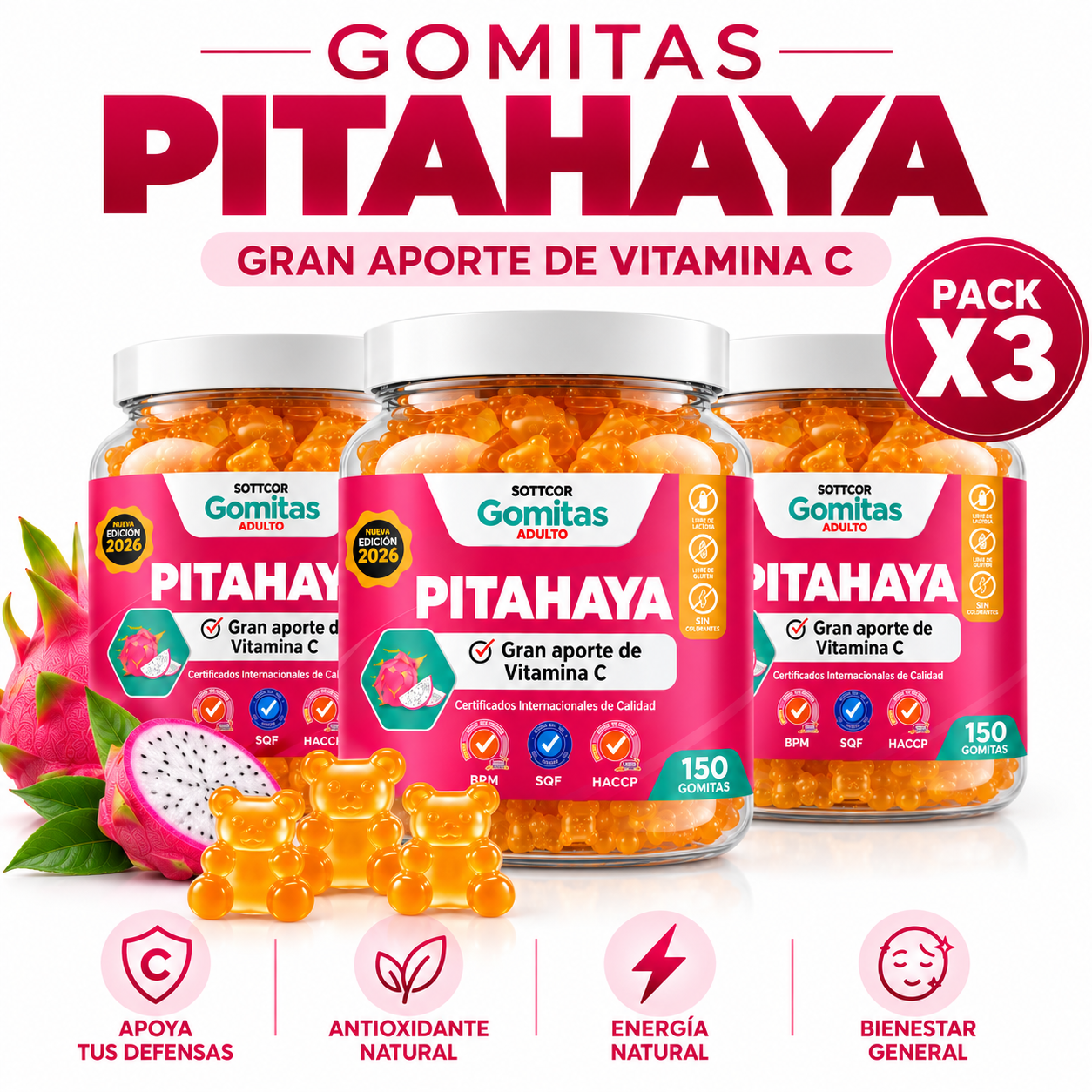 PACK 3 GOMITAS PITAHAYA PARA ADULTOS SOTTCOR LABS 150 UNIDADES - 1