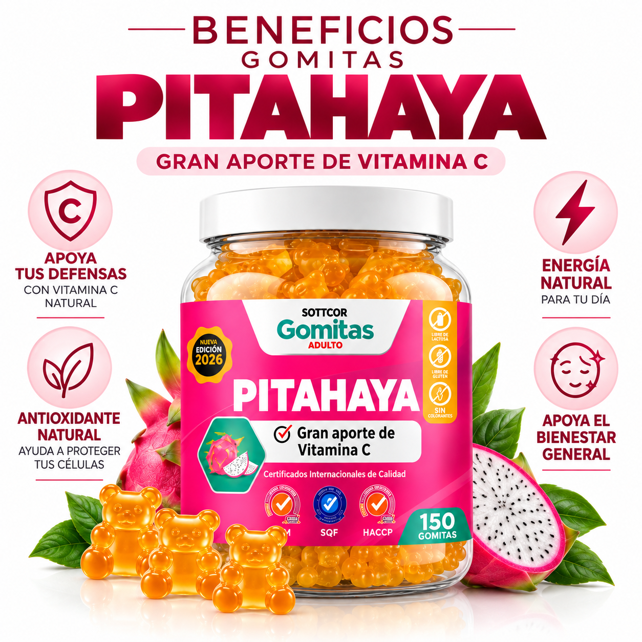 GOMITAS PITAHAYA PARA ADULTOS SOTTCOR LABS 150 UNIDADES - 3