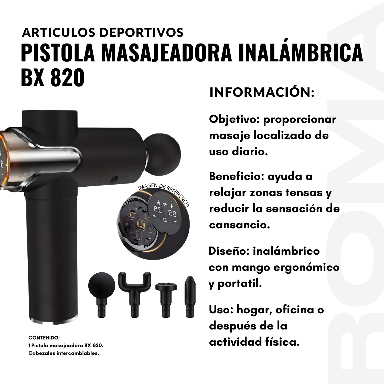 PISTOLA MASAJEADORA INALÁMBRICA CON PANTALLA BX 820 - 2