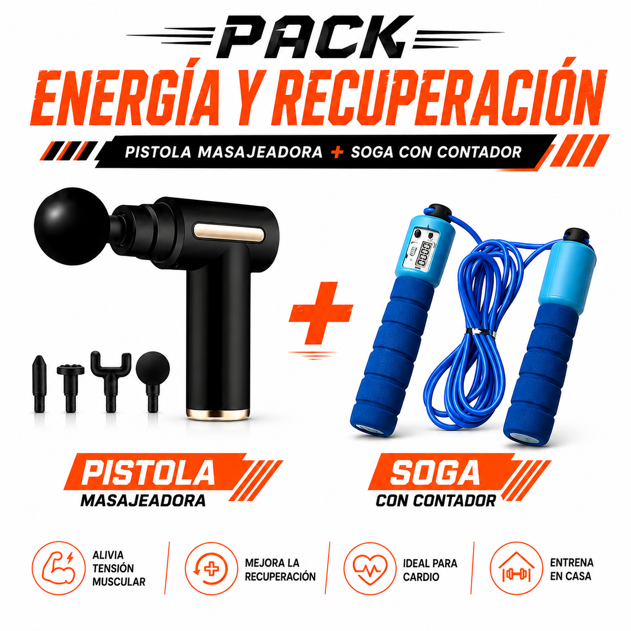 PACK PISTOLA MASAJEADORA 720 Y SOGA CON CONTADOR - 1