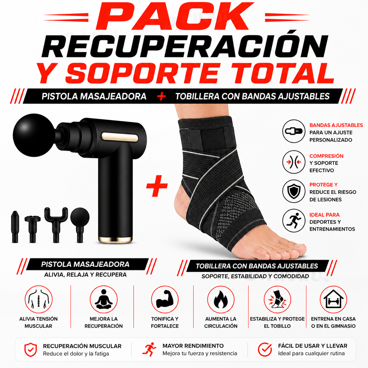 PACK PISTOLA MASAJEADORA 720 Y TOBILLERA CON BANDAS AJUSTABLES - 1
