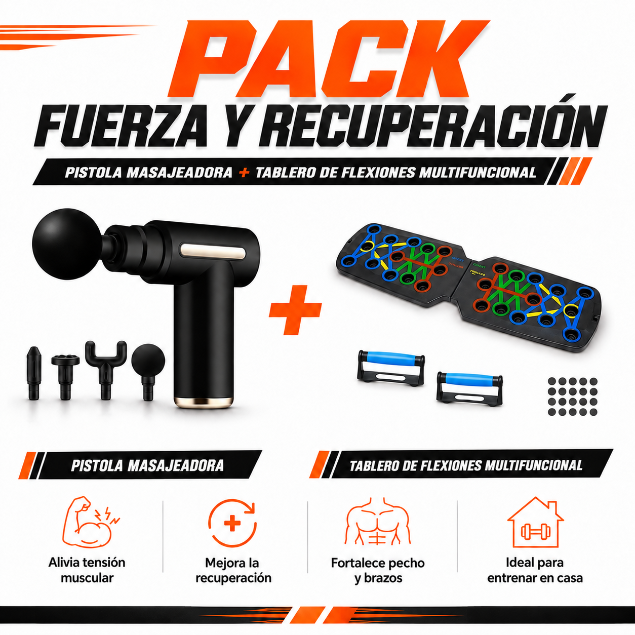 PACK PISTOLA MASAJEADORA 720 Y TABLERO DE FLEXIONES - 1