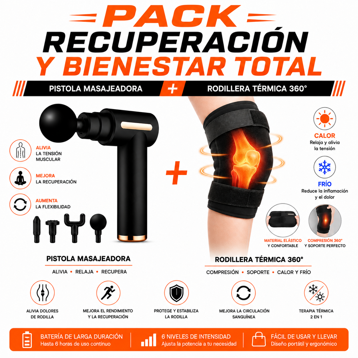 PACK PISTOLA MASAJEADORA 720 Y RODILLERA TERMICA 360 GRADOS - 1