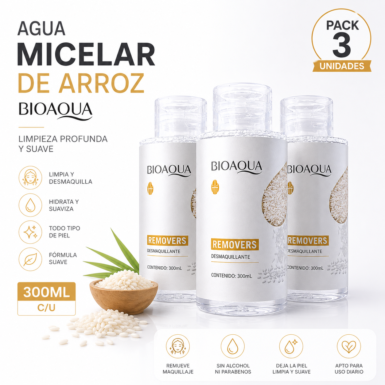 PACK 3 AGUA MICELAR DE ARROZ 300ML BIOAQUA - 1