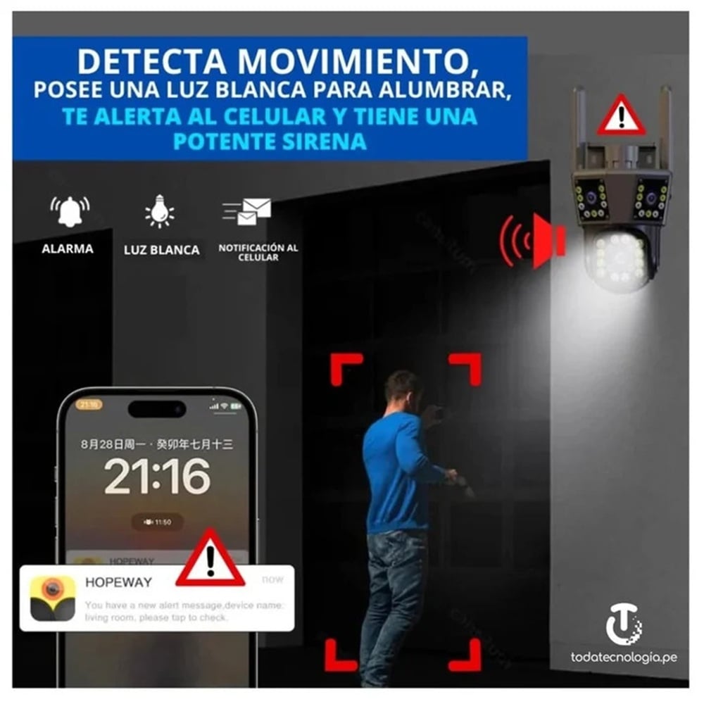 CÁMARA DE SEGURIDAD DE 3 LENTES IP66 WIFI SIRENA VISIÓN NOCTURNA LANTUN 7MP - MOD: IPC-839 - APP: IPC360 HOME - 4