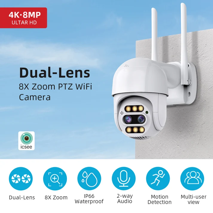 CÁMARA IP SEGURIDAD AL AIRE LIBRE 8X ZOOM 8MP PTZ LENTE DUAL - MOD: A20 - APP: ICSEE - 2