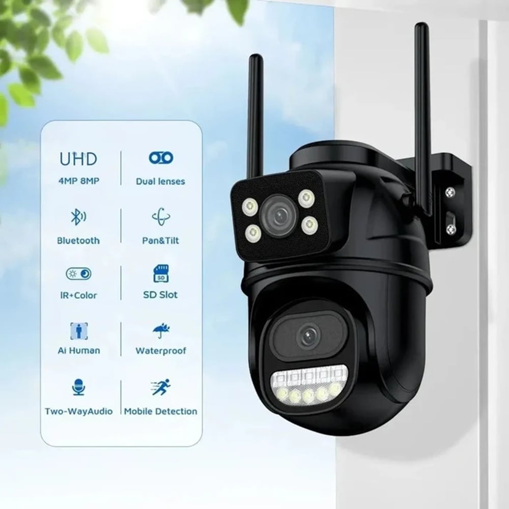 CAMARA DE SEGURIDAD WIFI PTZ DOBLE LENTE 360 EXTERIOR ALARMA 8MP - T33H-PRO - APP: ICSEE - 2