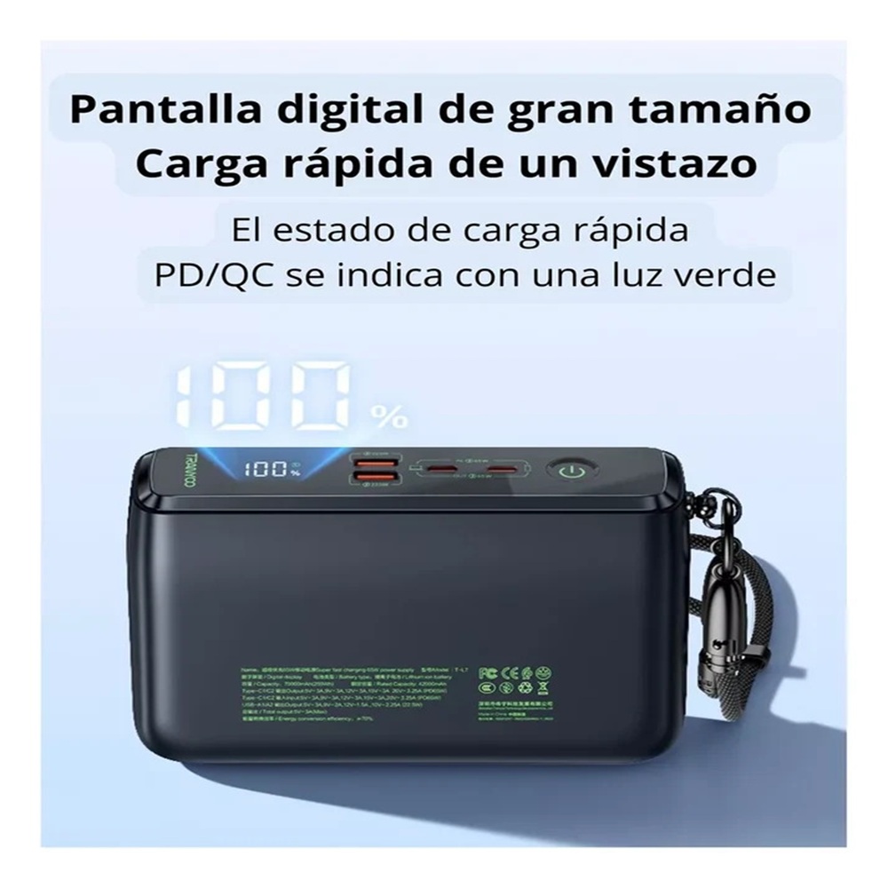 POWER BANK 70.000 MAH CARGA RAPIDA 65W PARA LAPTOP CELULAR TL7 - 1