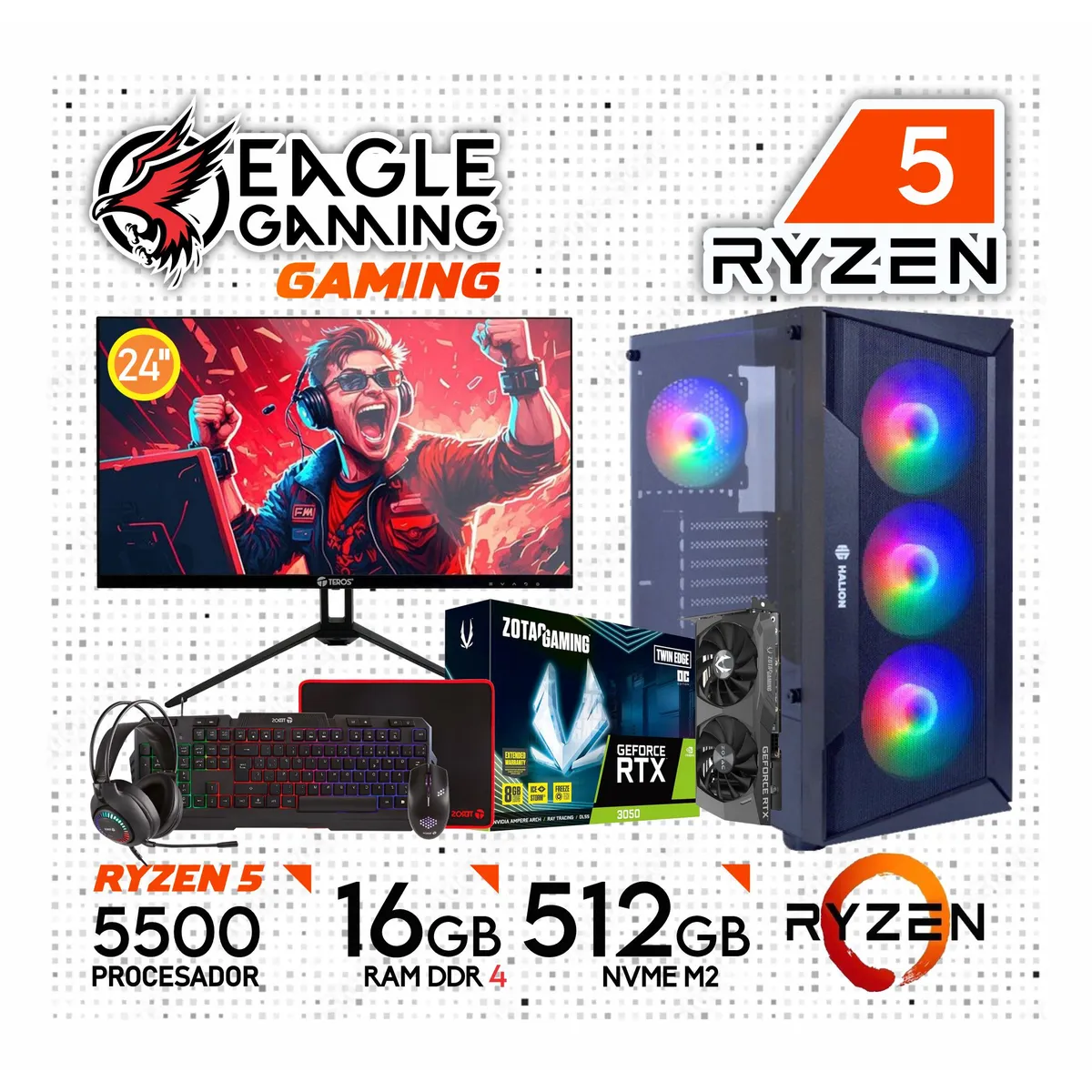 PC RYZEN AMD RYZEN 5 RAM 16GB GAMER AMD 5 5500 8GB MONITOR 24' 120HZ SSD M.2 1TB RTX 3050 - 1