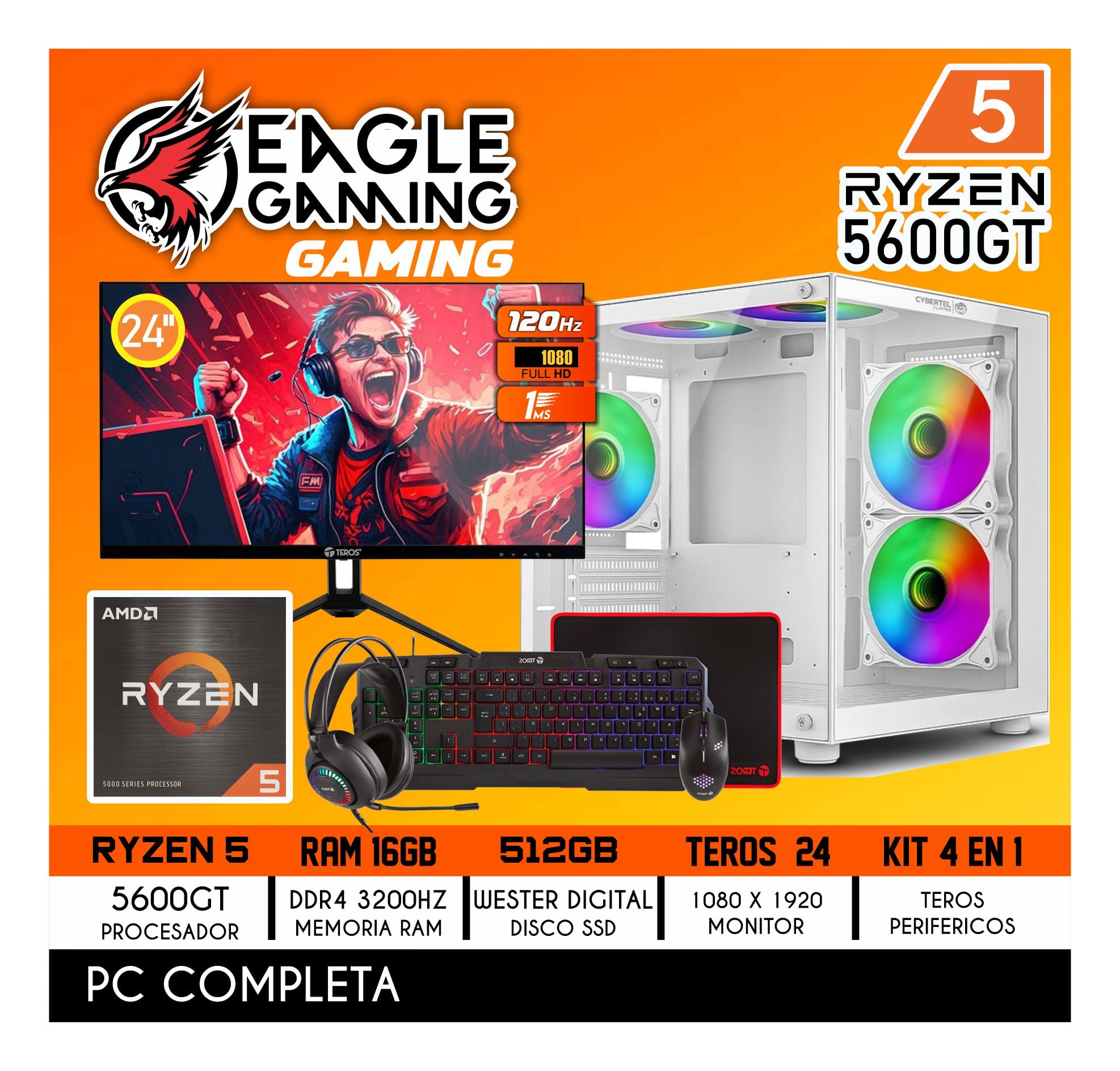 COMPUTADORA PC GAMER RYZEN 5 5600GT RAM 16GB SSD 512GB PANTALLA 24' FULL HD - 1