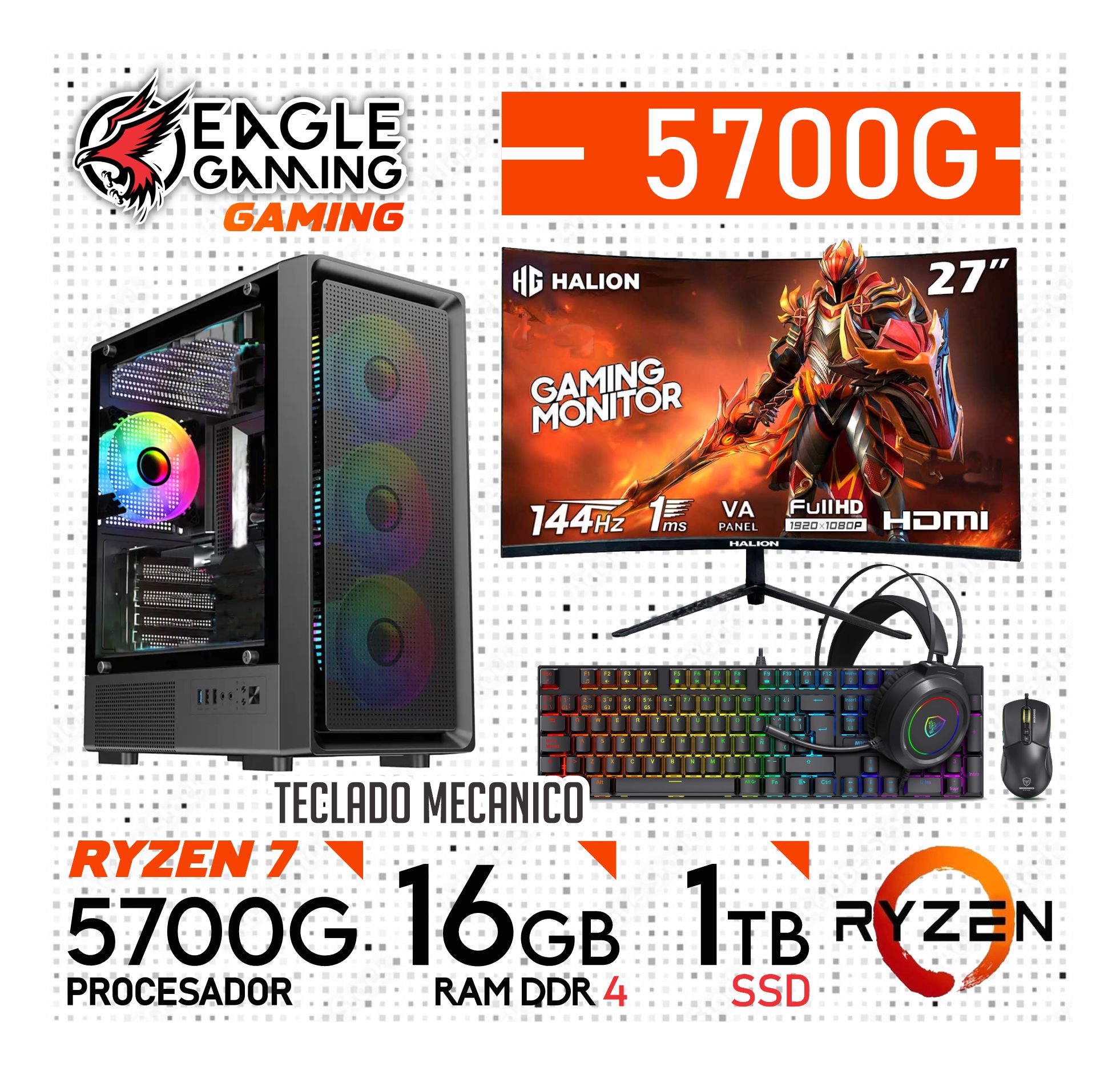 COMPUTADORA COMPLETA RYZEN 7 5700G RAM 16GB SSD 1TB MONITOR 27' CURVO 144HZ- KIT TECLADO MECANICO - 1