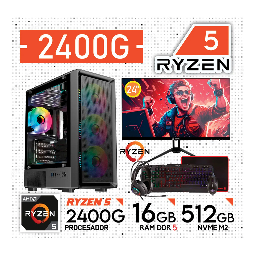 COMPUTADORA PC GAMER RYZEN 5 2400G RAM 16GB SSD 512GB MONITOR 24 PULGADAS CON KIT GAMER TEROS - 1