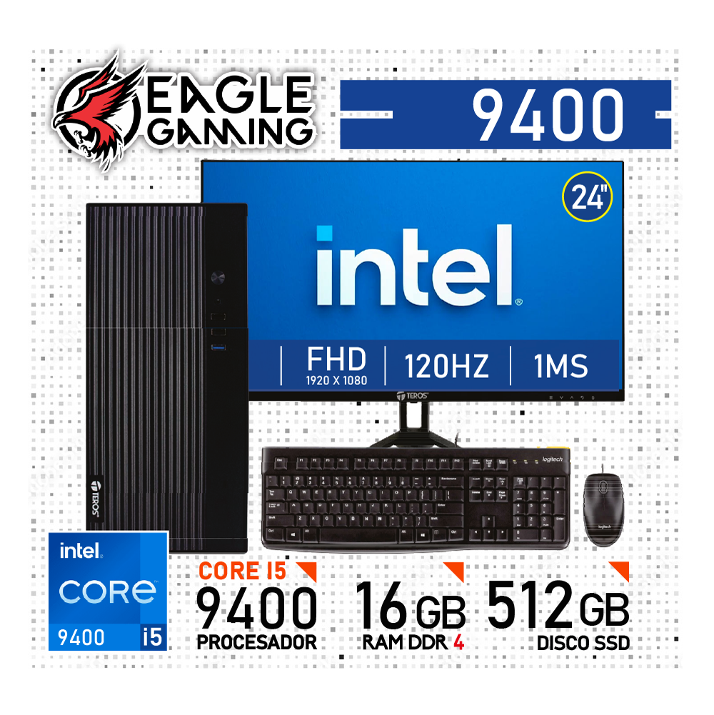 COMPUTADORA PC INTEL CORE I5 9400, 16 GB RAM DDR4, 512GB SSD - MONITOR 24' CON KIT LOGITECH - 1