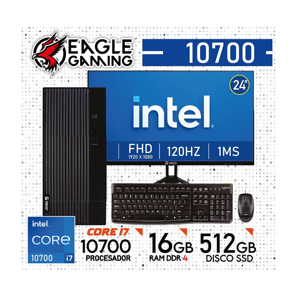 COMPUTADORA PC INTEL CORE I7 10700 - 16 GB RAM DDR4 - 512GB SSD - MONITOR 24' CON KIT LOGITECH - 1