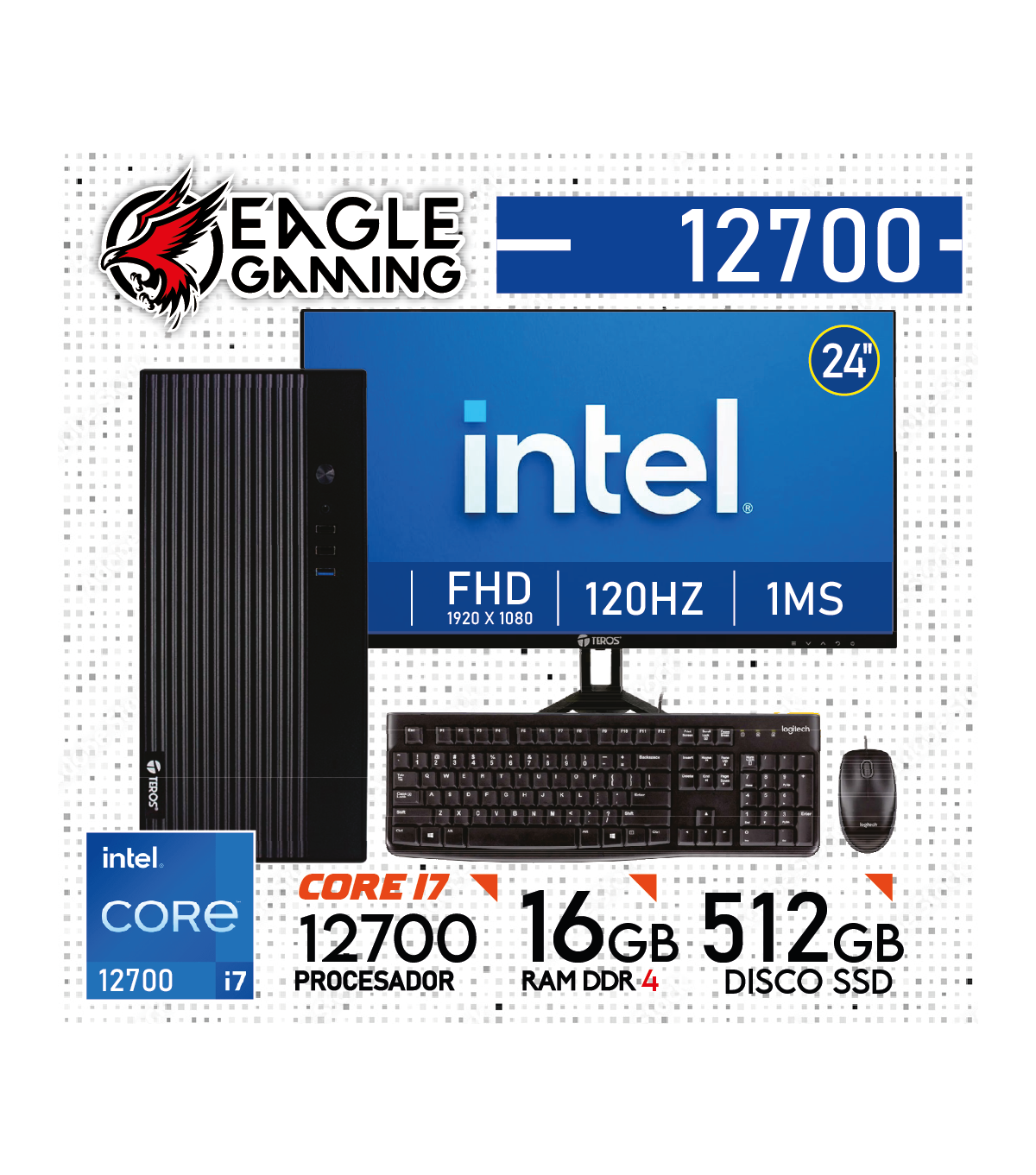 COMPUTADORA PC INTEL CORE i7 12700 - 16 GB RAM DDR4 - 512GB SSD - Monitor 24" con KIT LOGITECH - 1