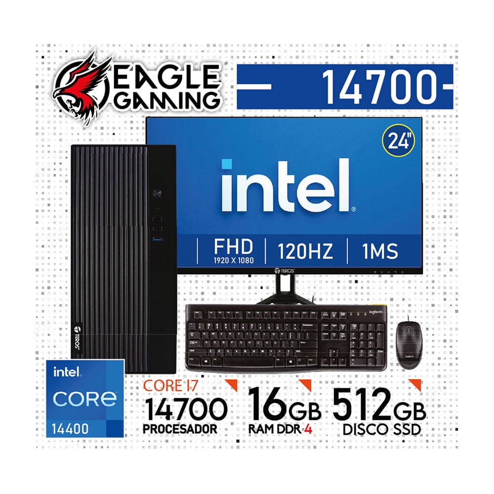 COMPUTADORA PC INTEL CORE I7 14700 - 16 GB RAM DDR4 - 512GB SSD - MONITOR 24' CON KIT LOGITECH - 1