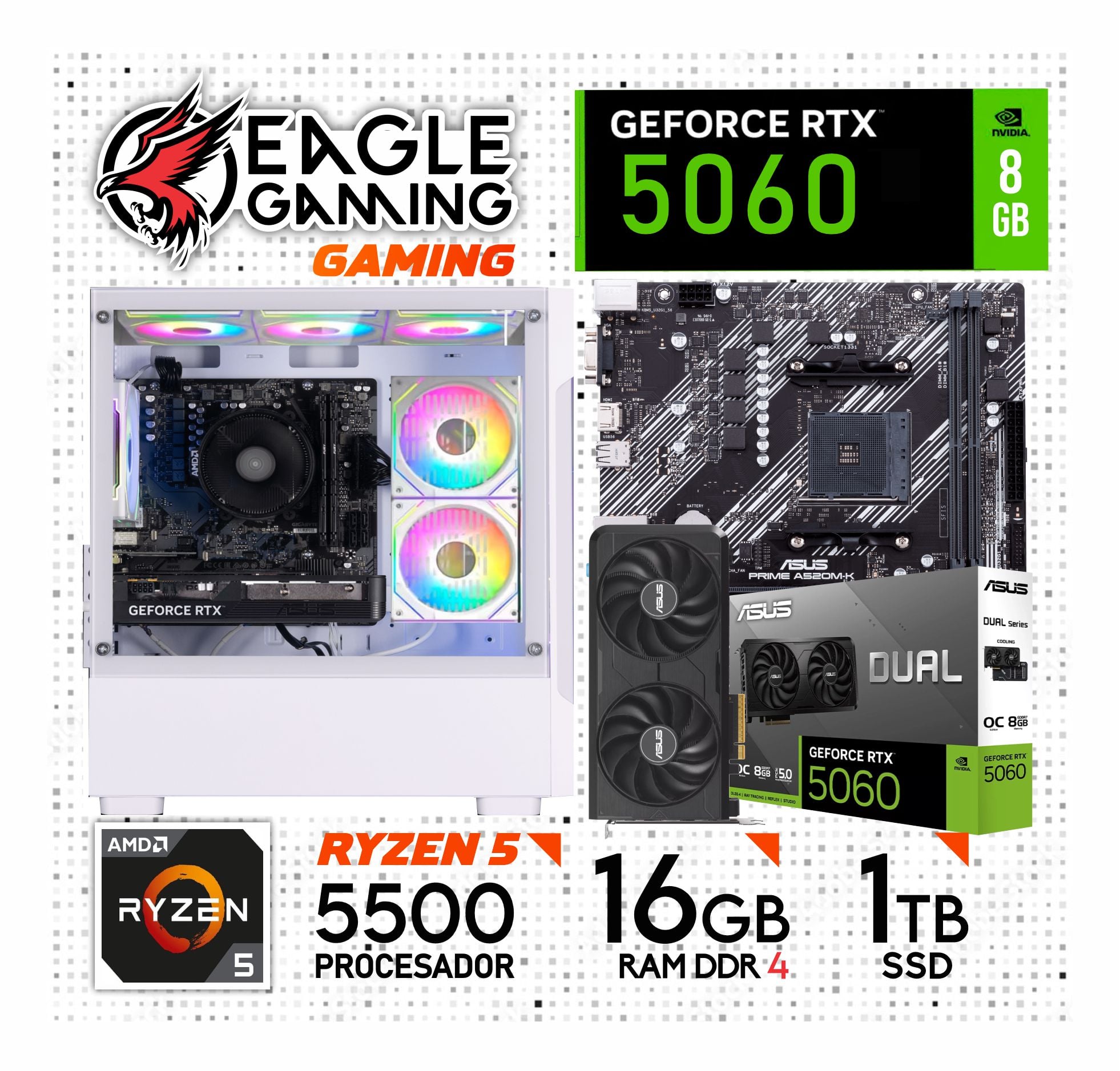 COMPUTADORA PC GAMER AMD RYZEN 5 5500 + RTX 5060 8GB + RAM 16GB + SSD 512GB - 1