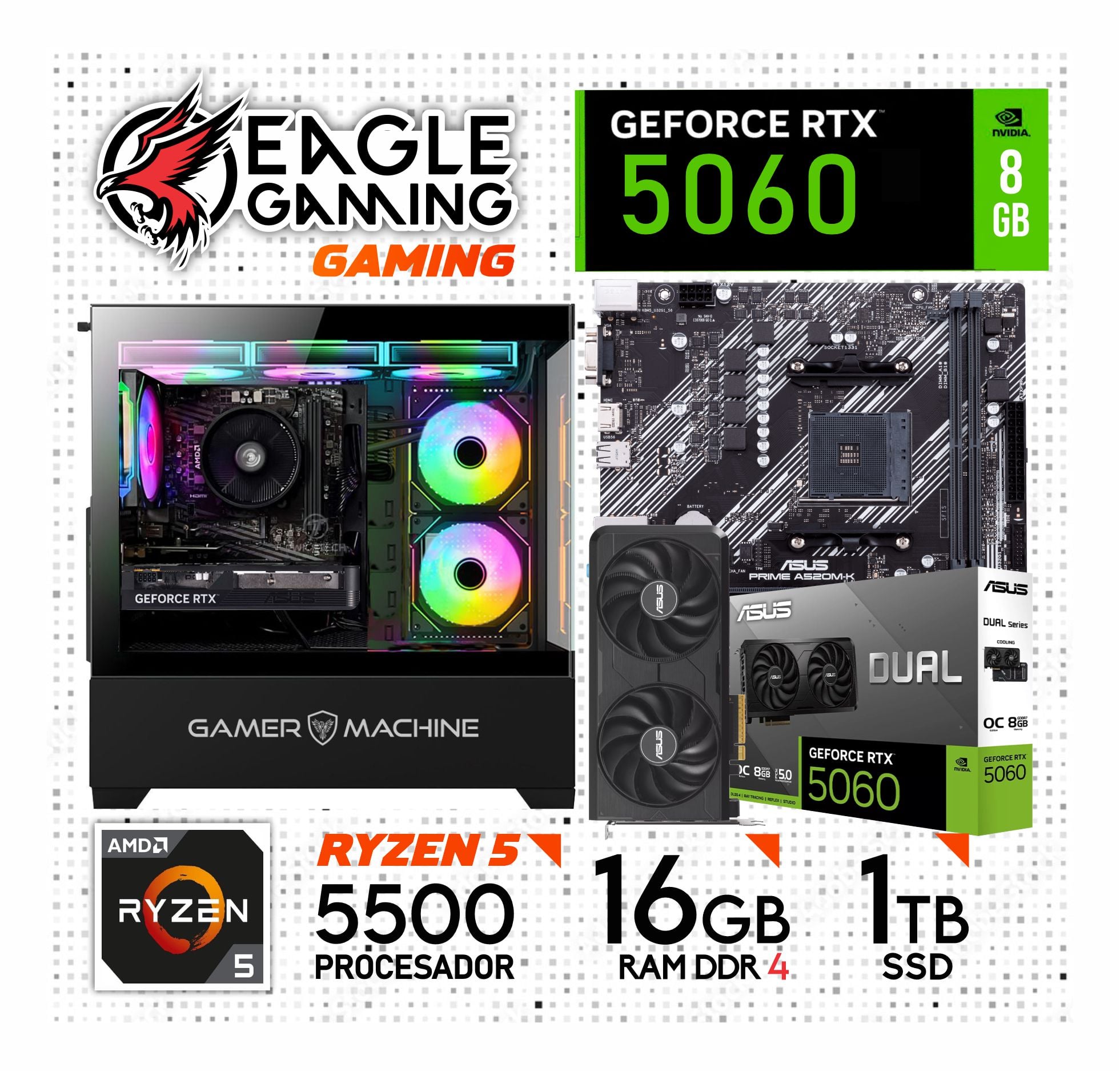 COMPUTADORA PC GAMER AMD RYZEN 5 5500 + RTX 5060 8GB + RAM 16GB + SSD 1TB - 1