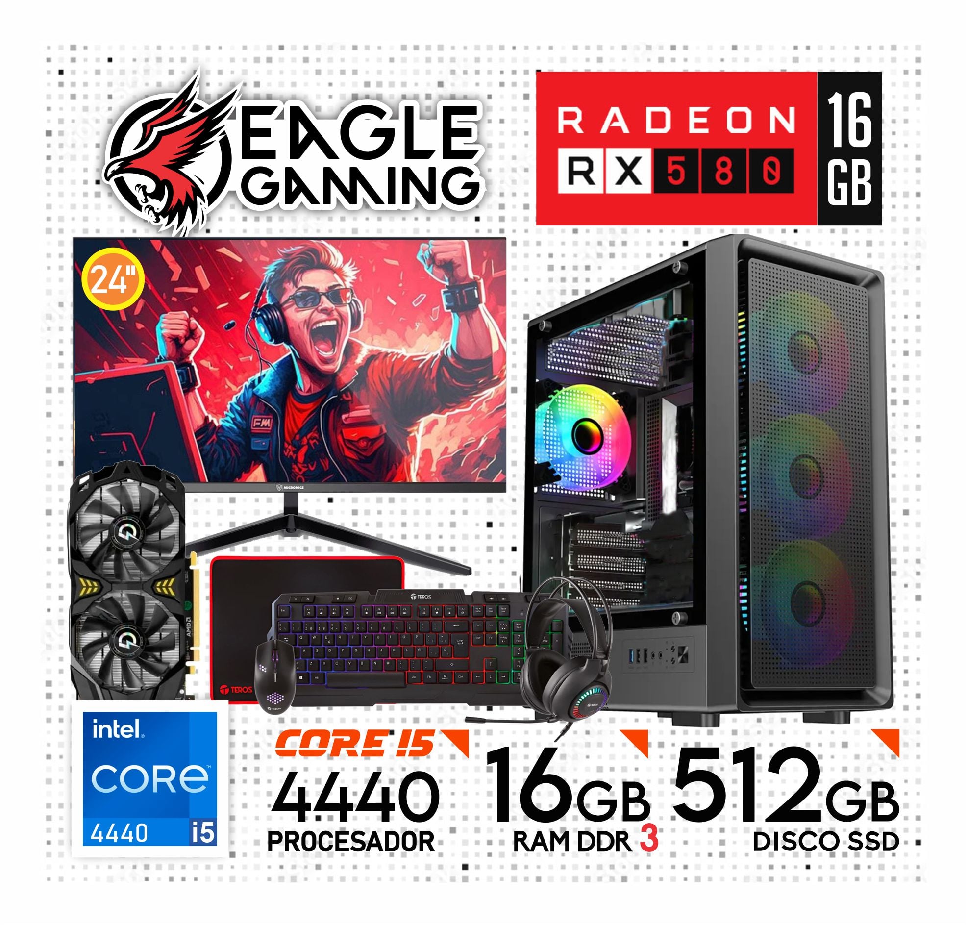 PC GAMER INTEL CORE I5 4440 + RX 580 16GB + 16GB RAM + SSD 512GB + MONITOR 24' + KIT - 1