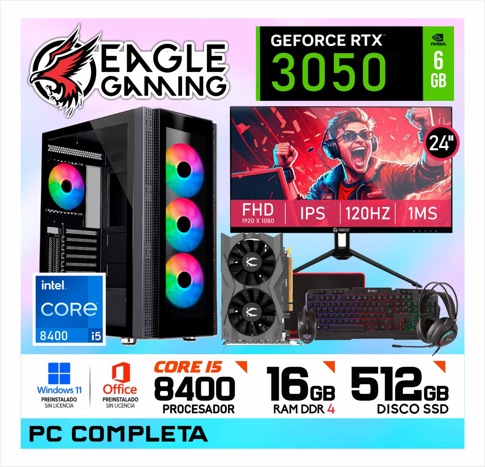 PC GAMER INTEL CORE I5 8400 16GB DDR4 512 SSD NVIDIA GEFORCE RTX3050 6GB - 1