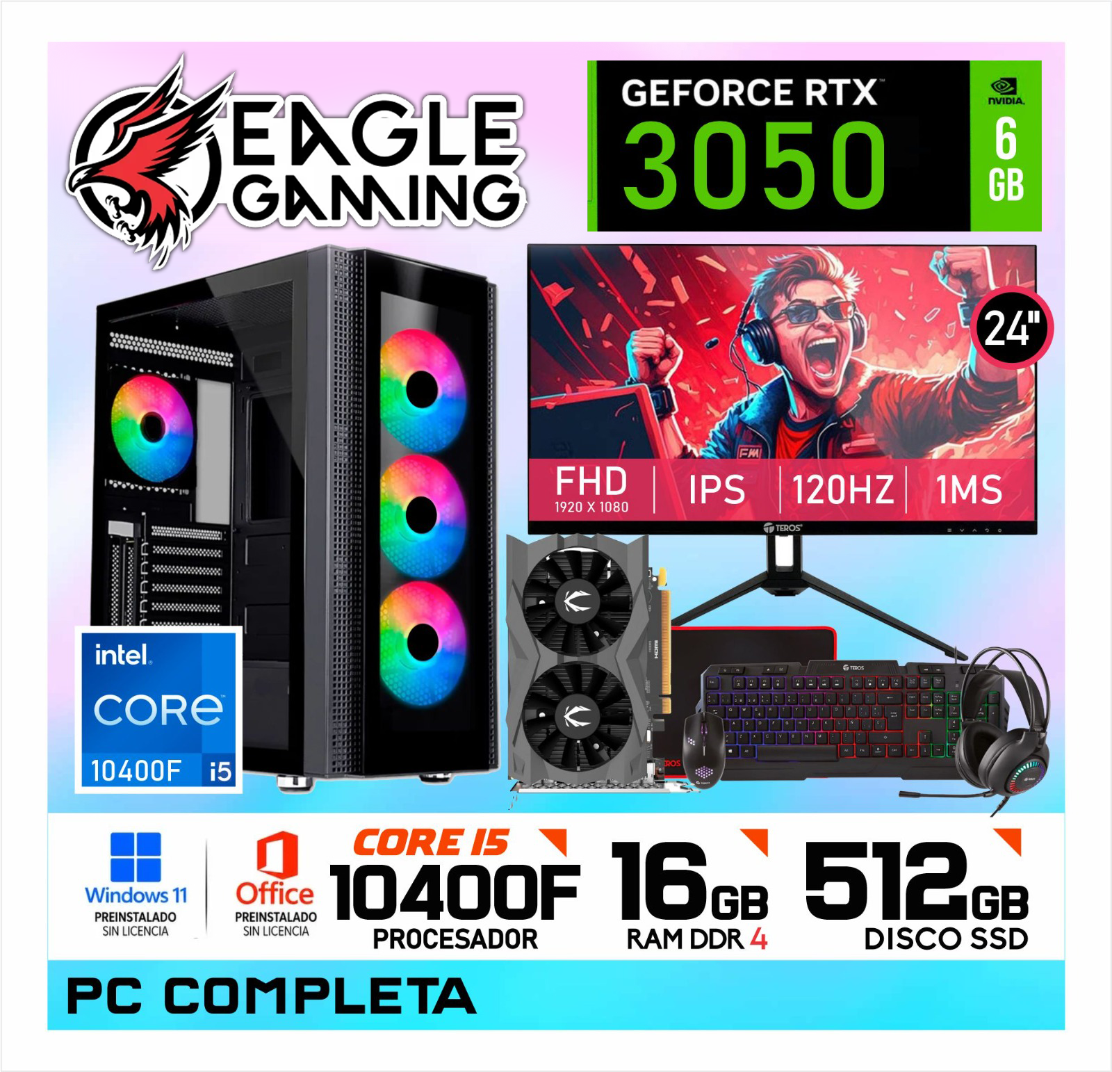PC GAMER INTEL CORE I5 10400F 16GB DDR4 512 SSD NVIDIA GEFORCE RTX3050 6GB - 1