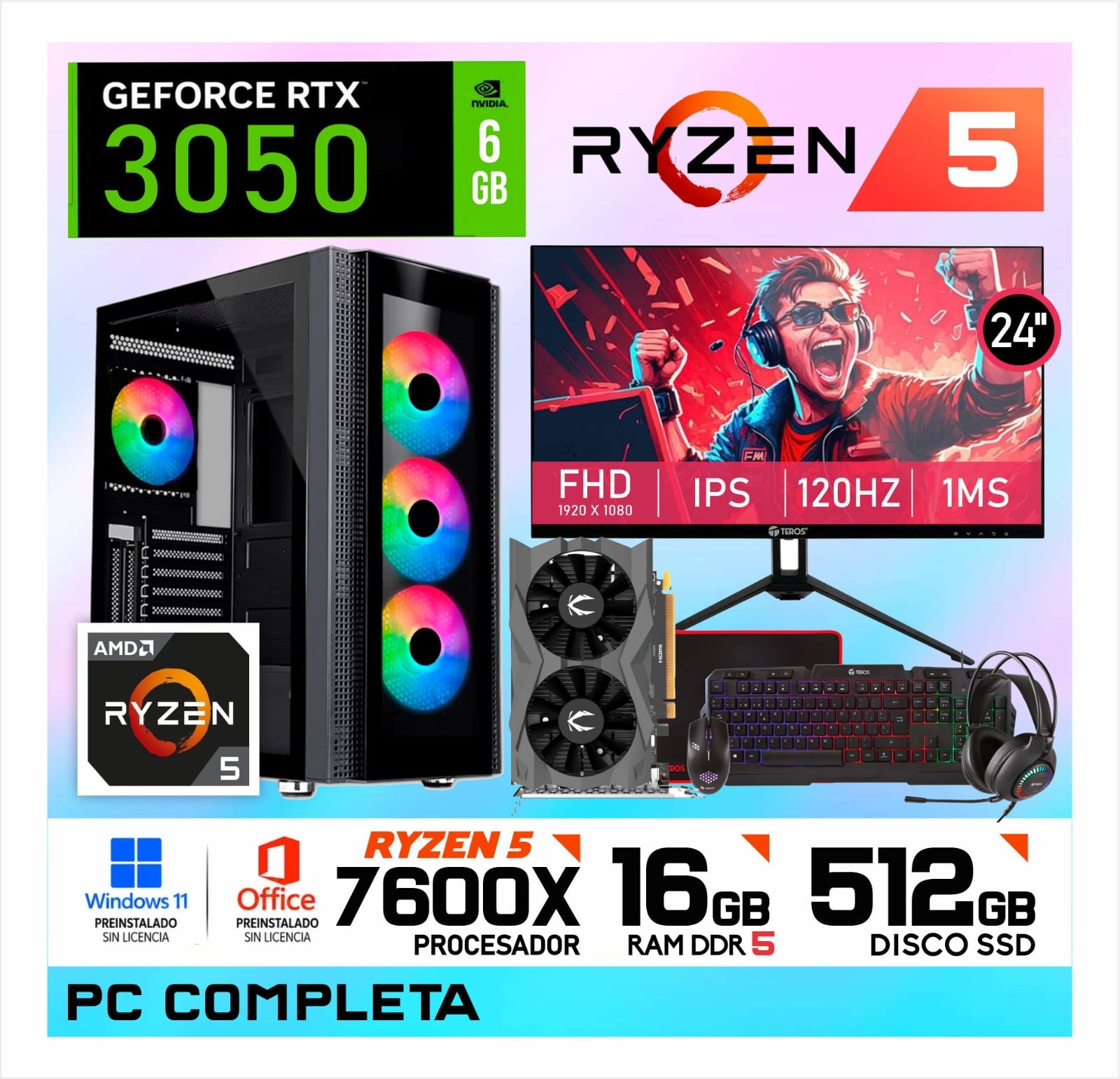 PC GAMER RYZEN 5 7600X 16GB DDR5 512 SSD NVIDIA GEFORCE RTX3050 6GB - 1