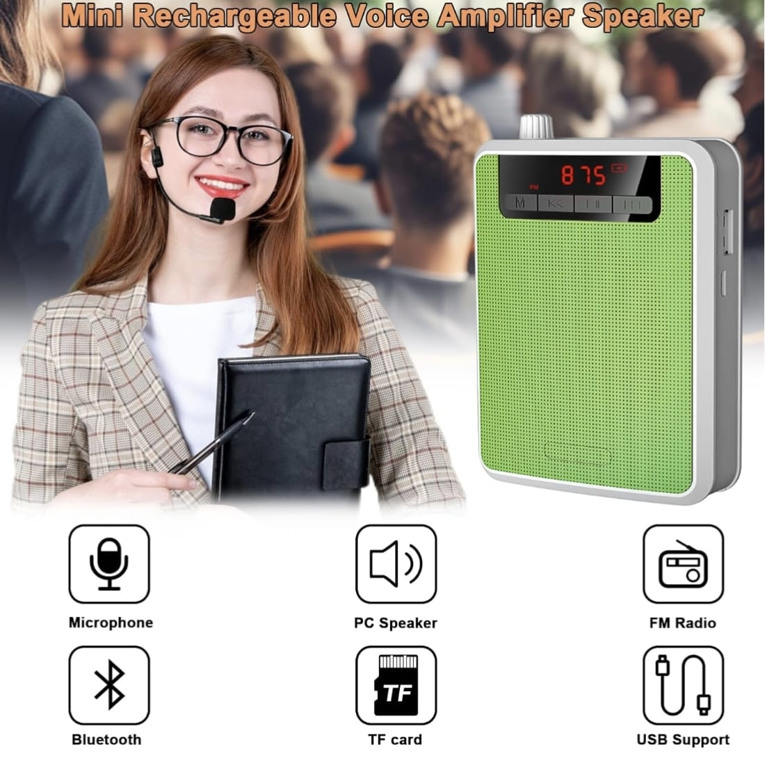 AMPLIFICADOR DE VOZ PORTÁTIL RECARGABLE CON MICRÓFONO VINCHA RADIO FM Y ALTA POTENCIA - 7