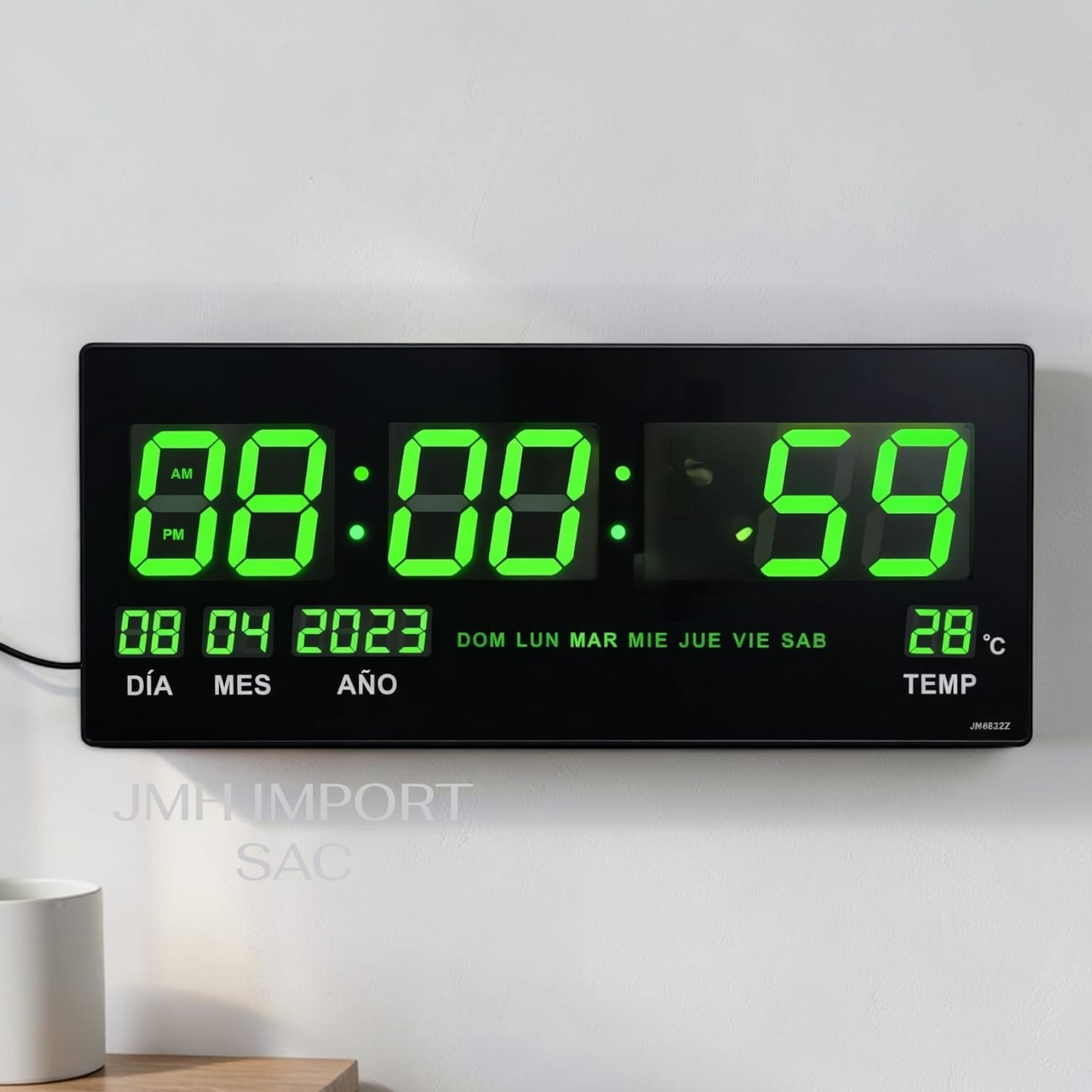 RELOJ DIGITAL GRANDE LED VERDE 46X22CM - HORA, FECHA Y TEMPERATURA - 2