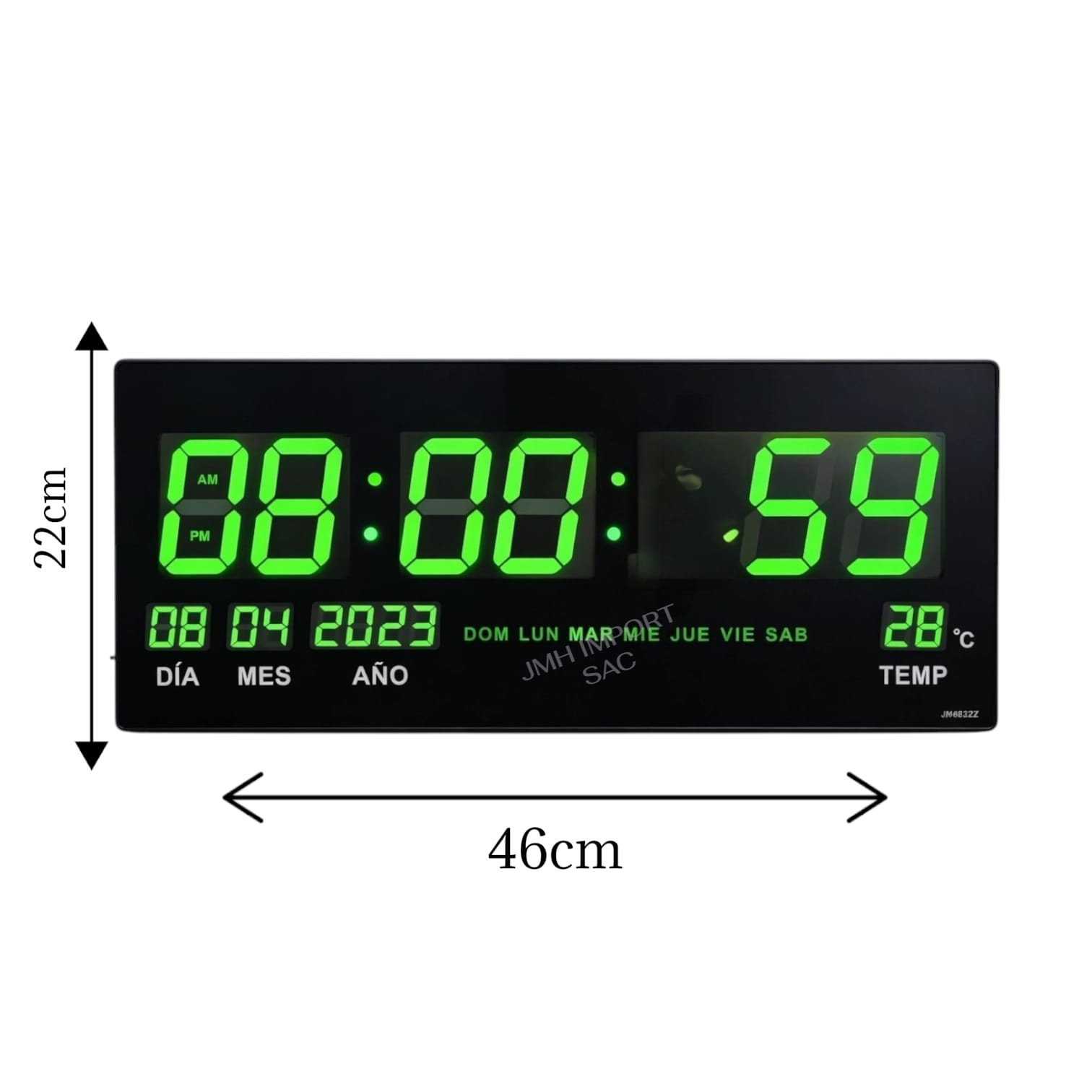 RELOJ DIGITAL GRANDE LED VERDE 46X22CM - HORA, FECHA Y TEMPERATURA - 3