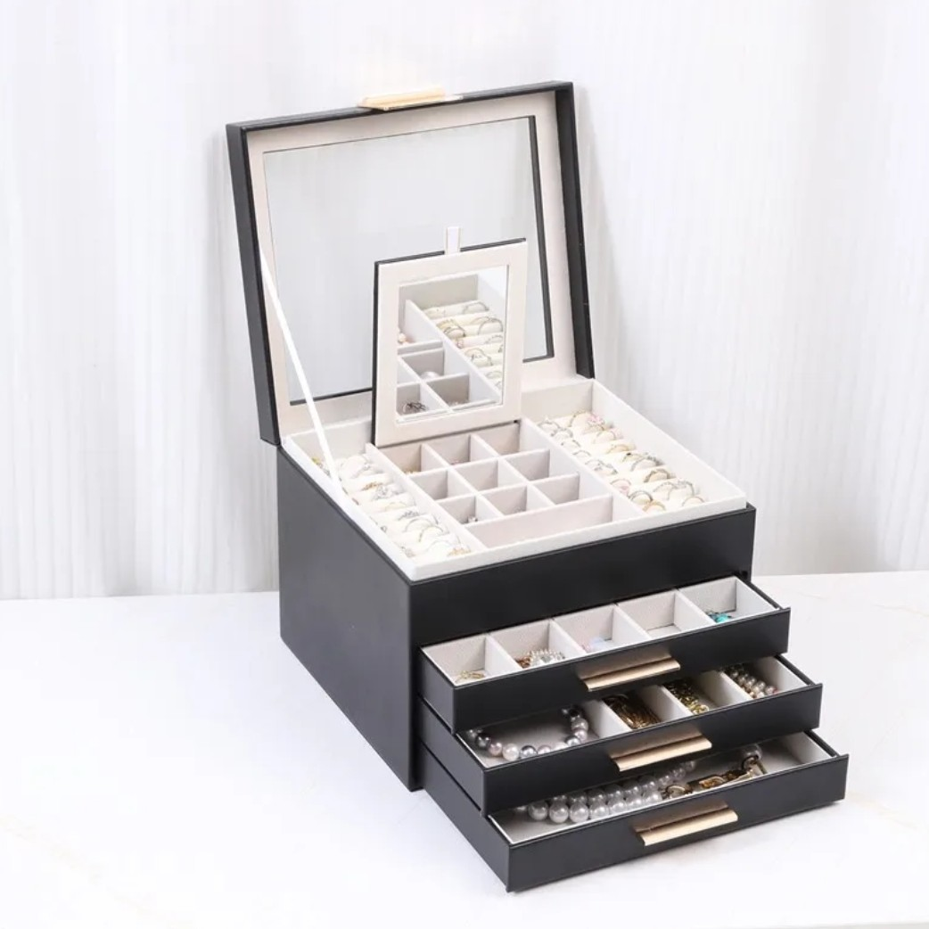 JOYERO ORGANIZADOR DE LUJO CON ESPEJO, 3 CAJONES Y COMPARTIMENTOS PARA JOYAS - 1