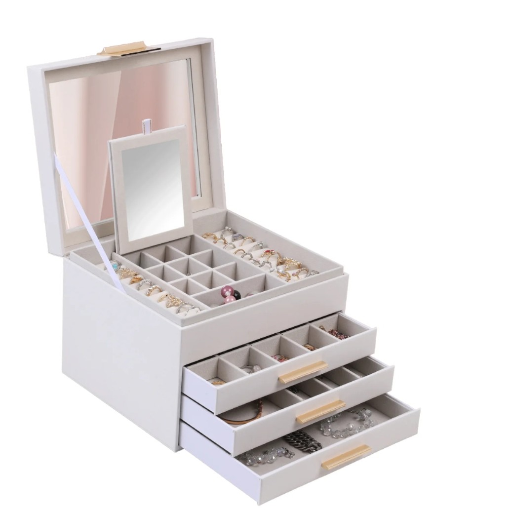 JOYERO ORGANIZADOR DE LUJO CON ESPEJO, 3 CAJONES Y COMPARTIMENTOS PARA JOYAS - 3