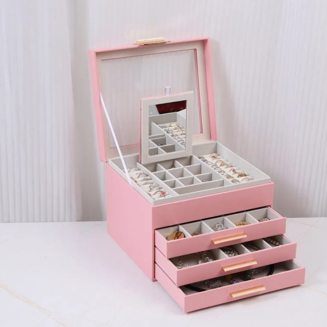 JOYERO ORGANIZADOR DE LUJO CON ESPEJO, 3 CAJONES Y COMPARTIMENTOS PARA JOYAS - 5