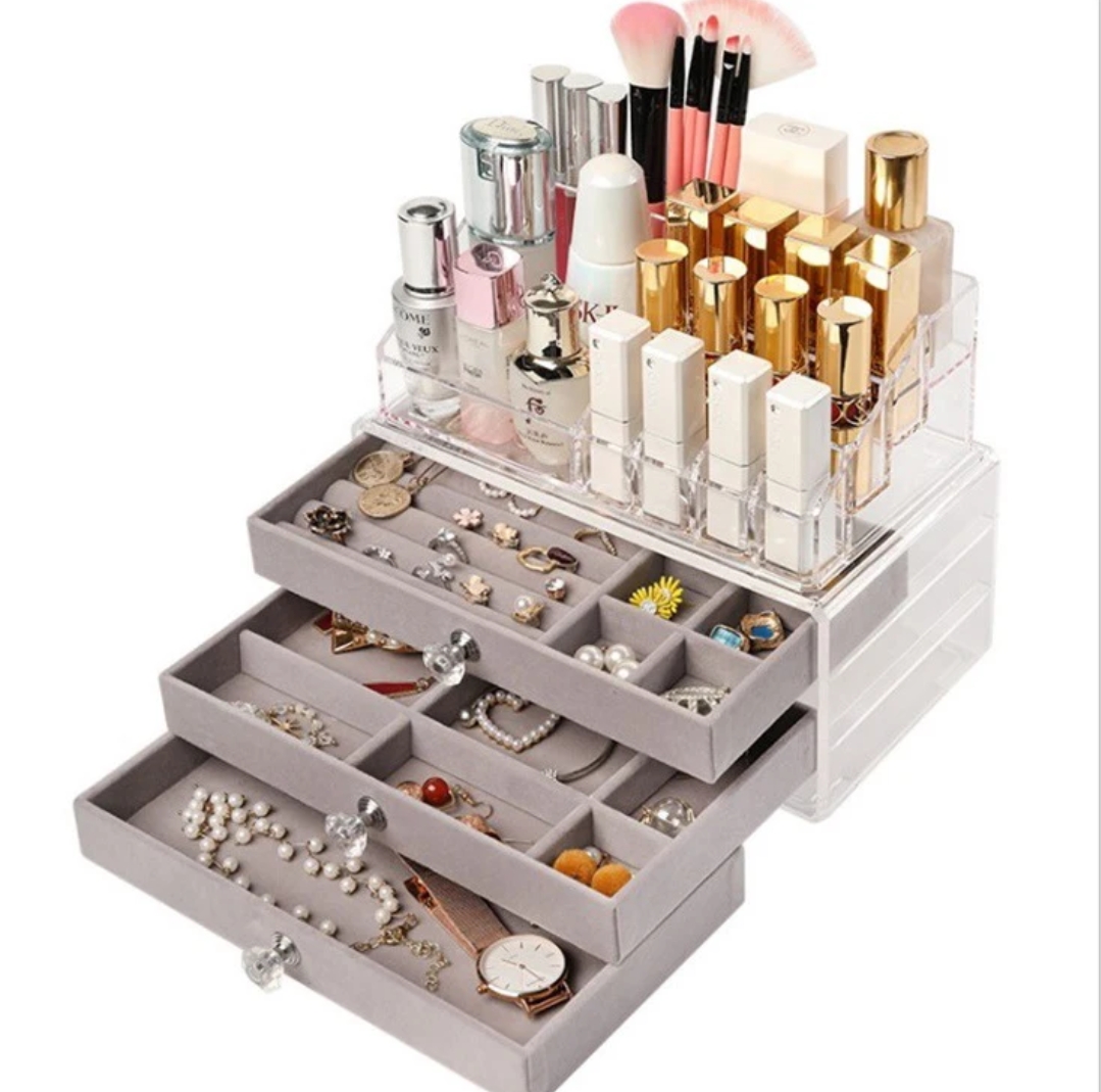 ORGANIZADOR DE MAQUILLAJE Y JOYAS ACRÍLICO CON 3 CAJONES Y COMPARTIMENTOS MULTIFUNCIONALES - 1