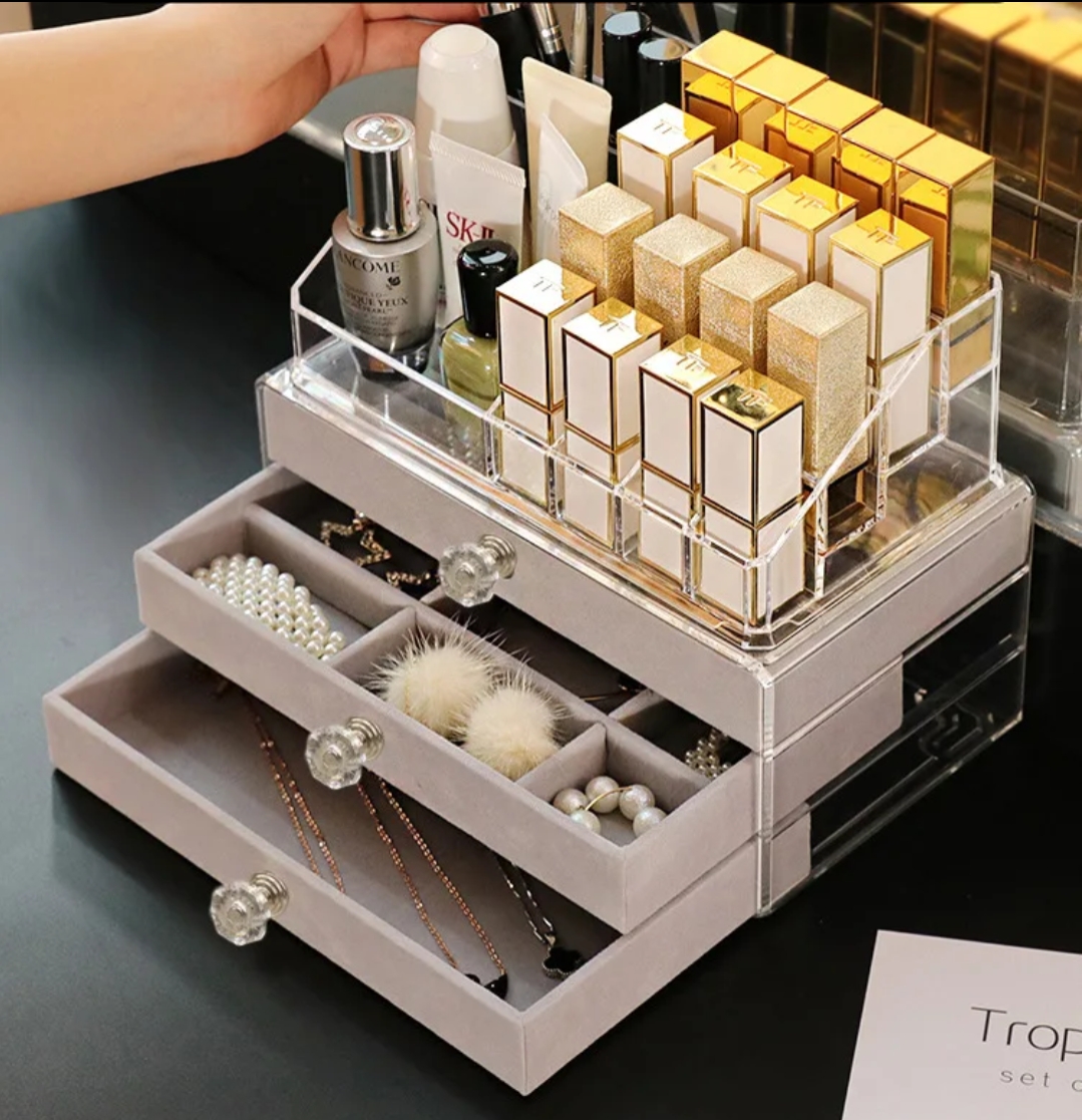 ORGANIZADOR DE MAQUILLAJE Y JOYAS ACRÍLICO CON 3 CAJONES Y COMPARTIMENTOS MULTIFUNCIONALES - 2
