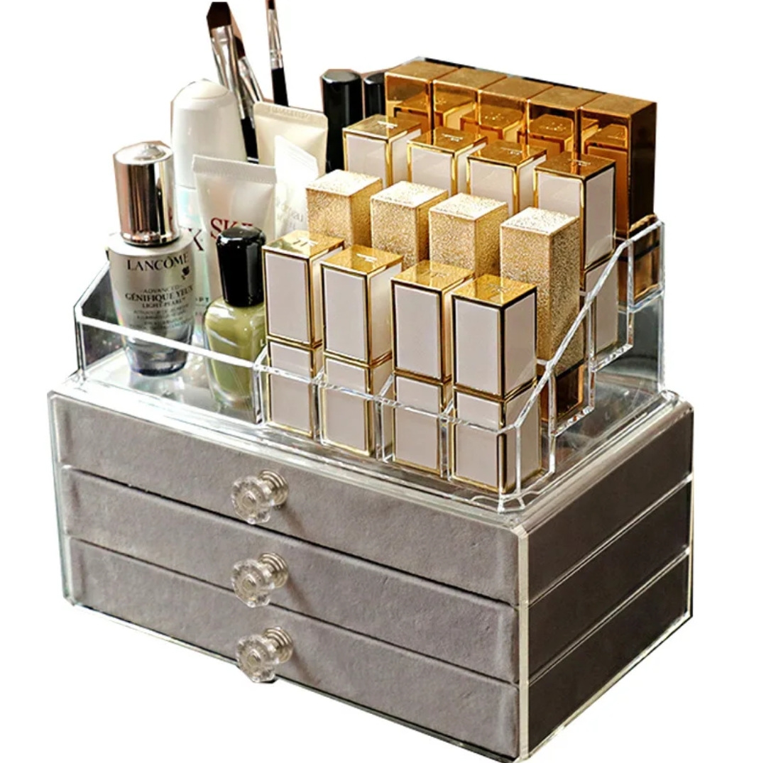 ORGANIZADOR DE MAQUILLAJE Y JOYAS ACRÍLICO CON 3 CAJONES Y COMPARTIMENTOS MULTIFUNCIONALES - 3