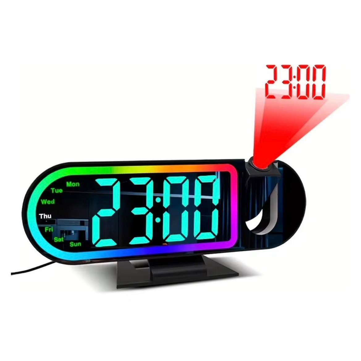 RELOJ DESPERTADOR DIGITAL LED RGB CON PROYECTOR DE HORA 180°, ALARMA, CALENDARIO Y PANTALLA MULTICOLOR (23CM X 10CM) - 1