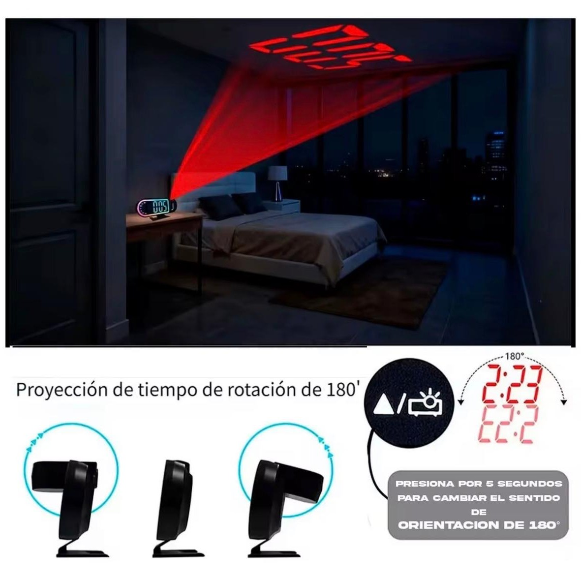 RELOJ DESPERTADOR DIGITAL LED RGB CON PROYECTOR DE HORA 180°, ALARMA, CALENDARIO Y PANTALLA MULTICOLOR (23CM X 10CM) - 3