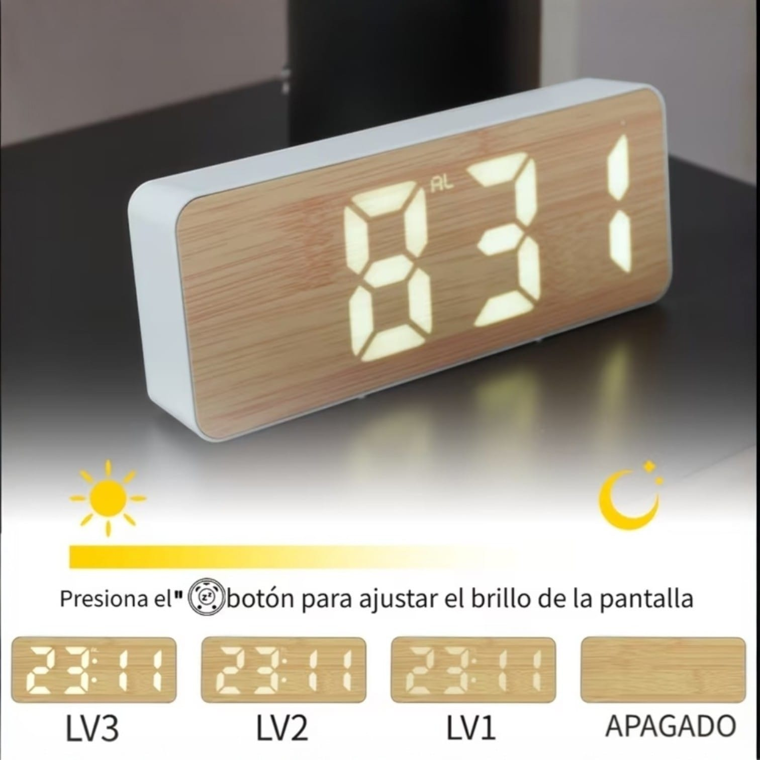RELOJ DIGITAL LED DE MESA EFECTO MADERA CON ALARMA - 4