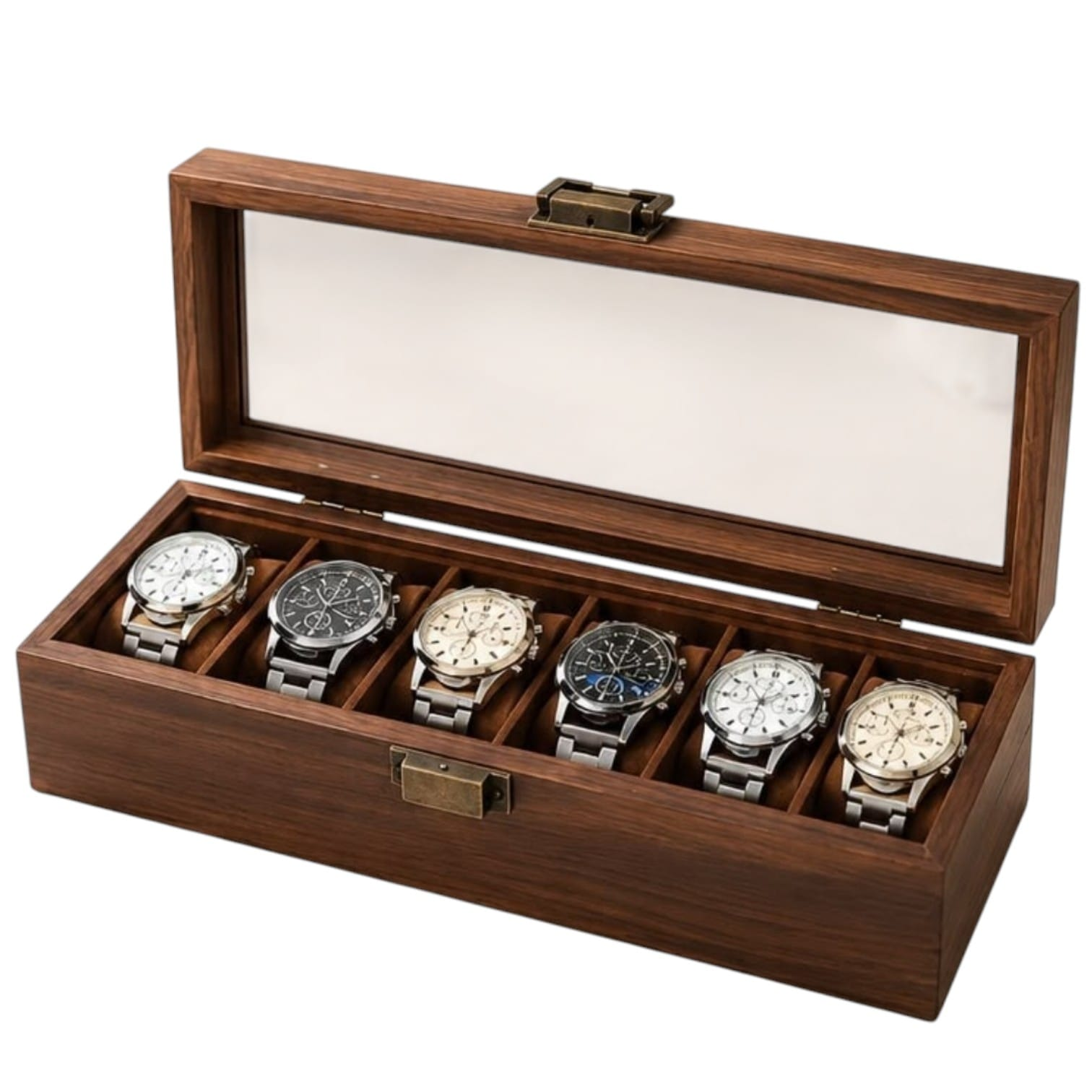 CAJA ORGANIZADORA PARA 6 RELOJES DE MADERA CON TAPA DE VIDRIO - 1