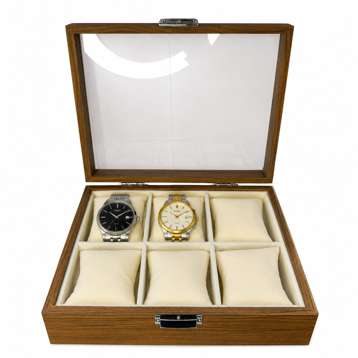 CAJA ORGANIZADORA PARA 6 RELOJES CON TAPA DE VIDRIO – ESTUCHE EXHIBIDOR PREMIUM DE MADERA - 1